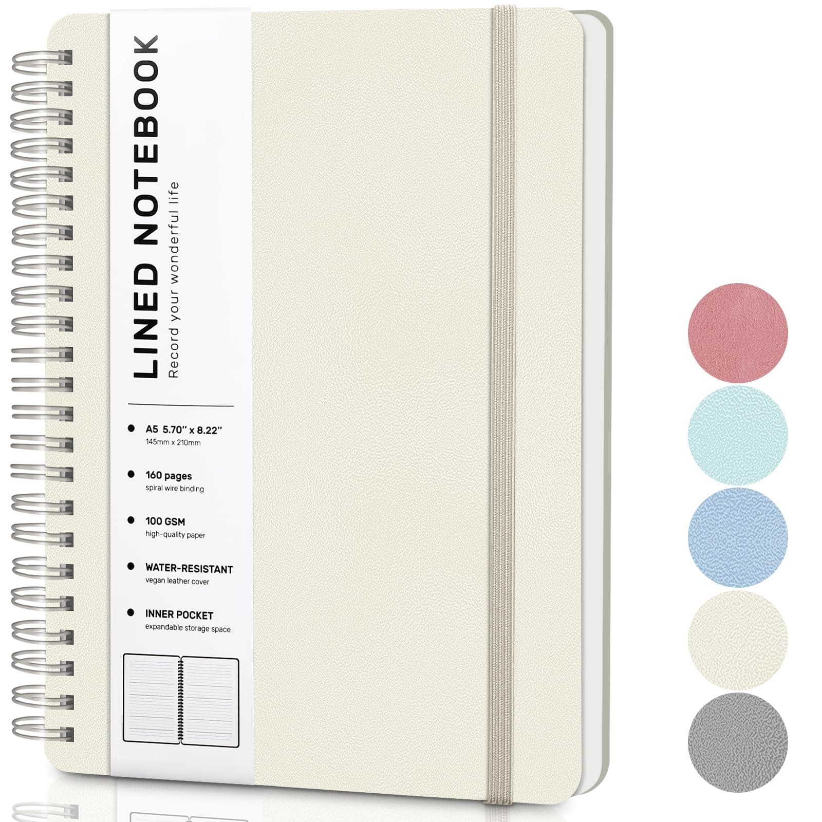 ABERLLS Beige Lined Spiral Journal Notebook with 160 Pages, 8×5.7in, A5 Spiral Notebook, Journaling Notebooks for Work, School, Women, Men, College Ruled Spiral Notebook, Hardcover Leather Journals