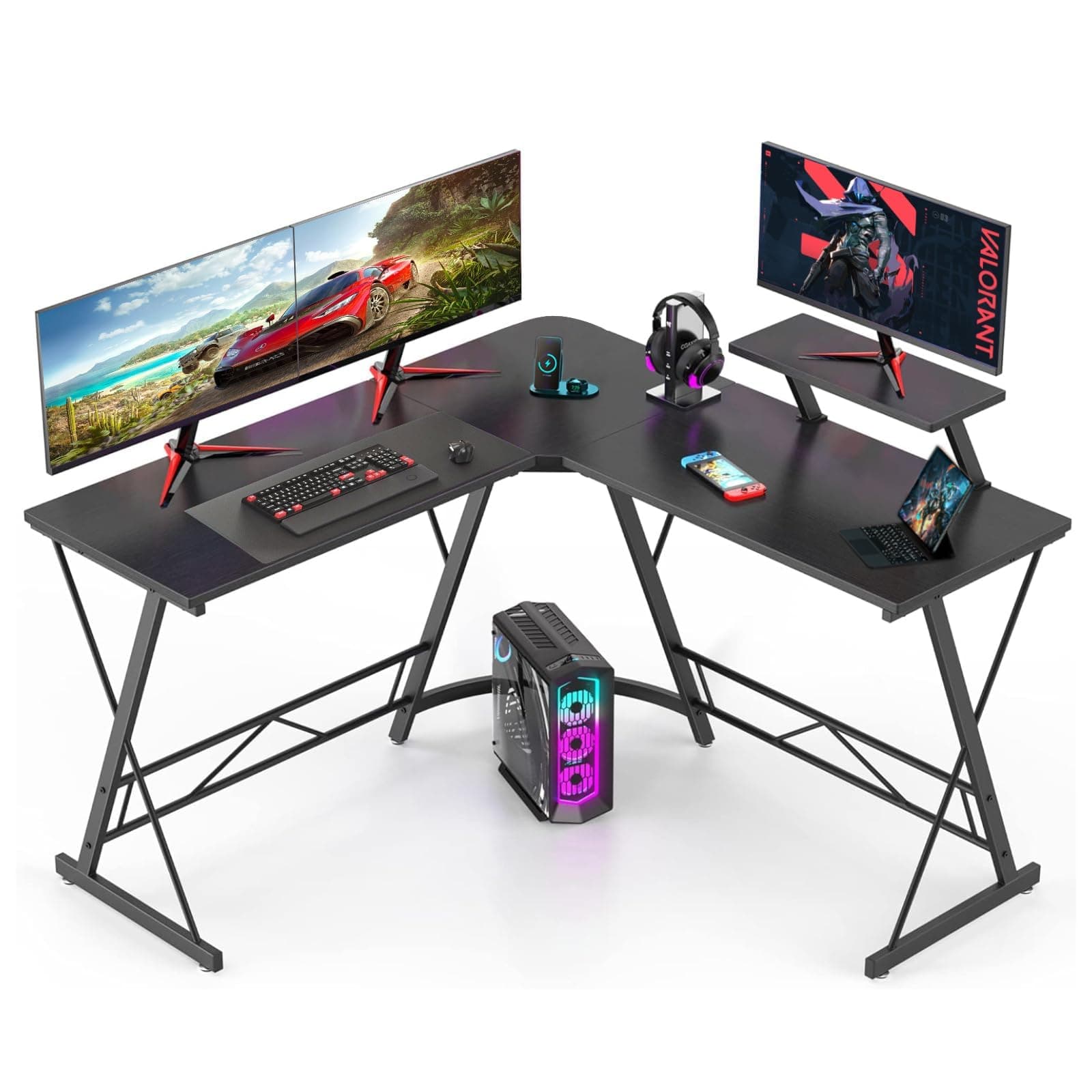 DESINO Gaming Desk Computer Desk, Ergonomic Lage Gaming Table, L-Shaped Computer Desk, Home Office Workstation, Space-saving, Easy to Assemble (Black, L-type)
