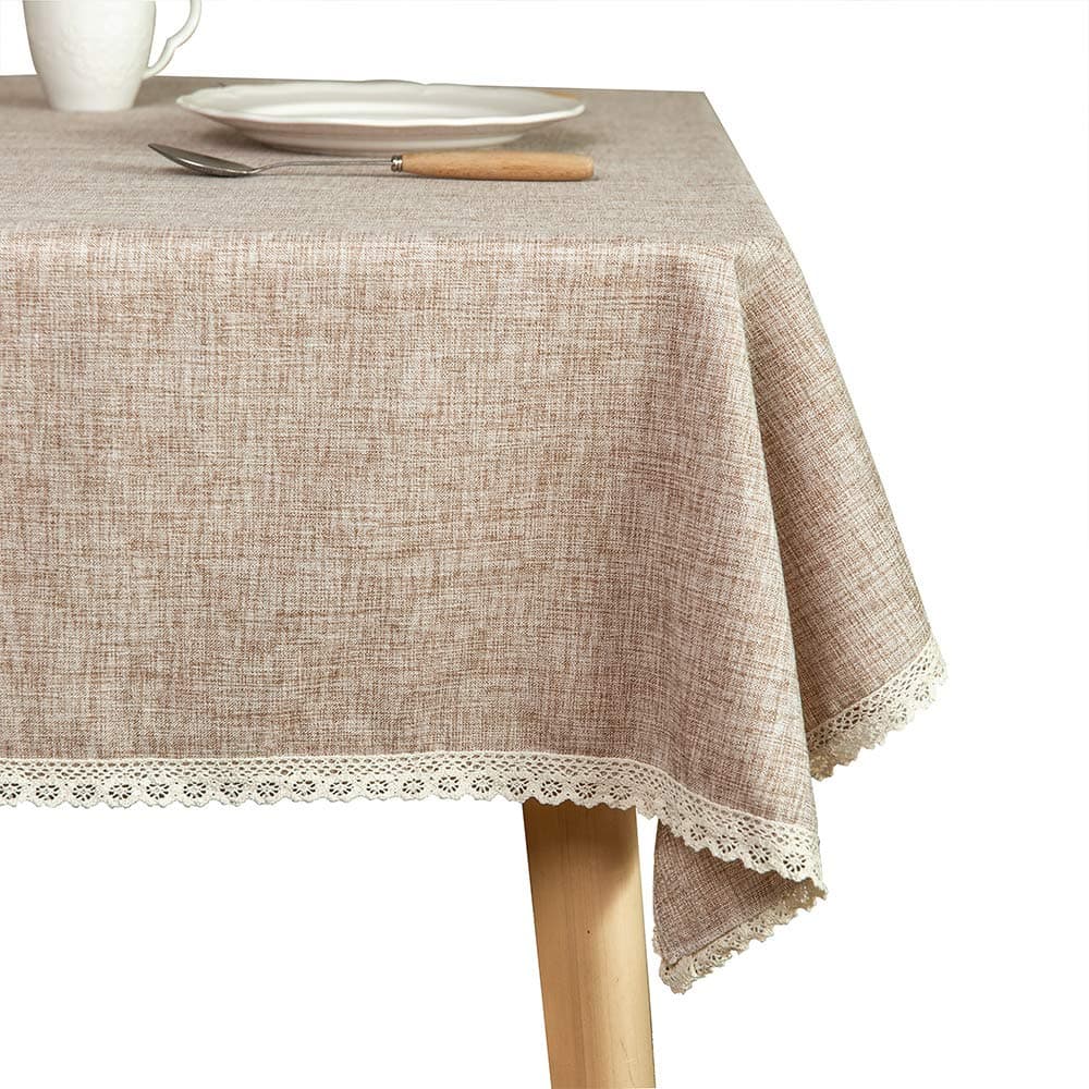 Linen Rustic Burlap Washable Tablecloth,Solid Heavy Weight Tan 55 x 86 Rectangle Overlay Lace Edge Table Cover for Kitchen Dinning Decoration