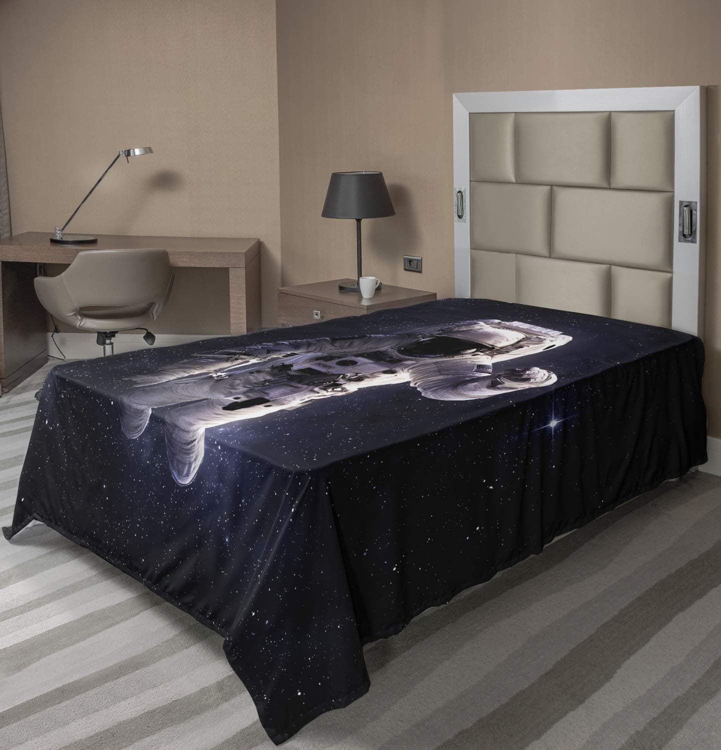 Ambesonne Galaxy Flat Sheet, Astronaut in Outer Space Stardust Nebula in Milky Way Cosmonaut Apollo Art, Soft Comfortable Top Sheet Decorative Bedding 1 Piece, Twin Size, White Dark Blue
