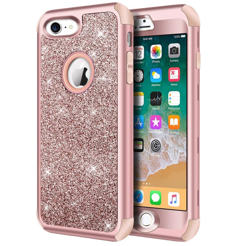- Hython Designed for iPhone 8, iPhone 7 Case, Heavy Duty Full-Body Defender Protective Case Bling Glitter Sparkle Hard Shell Hybrid Shockproof Rubber Bumper Cover, Rose Gold