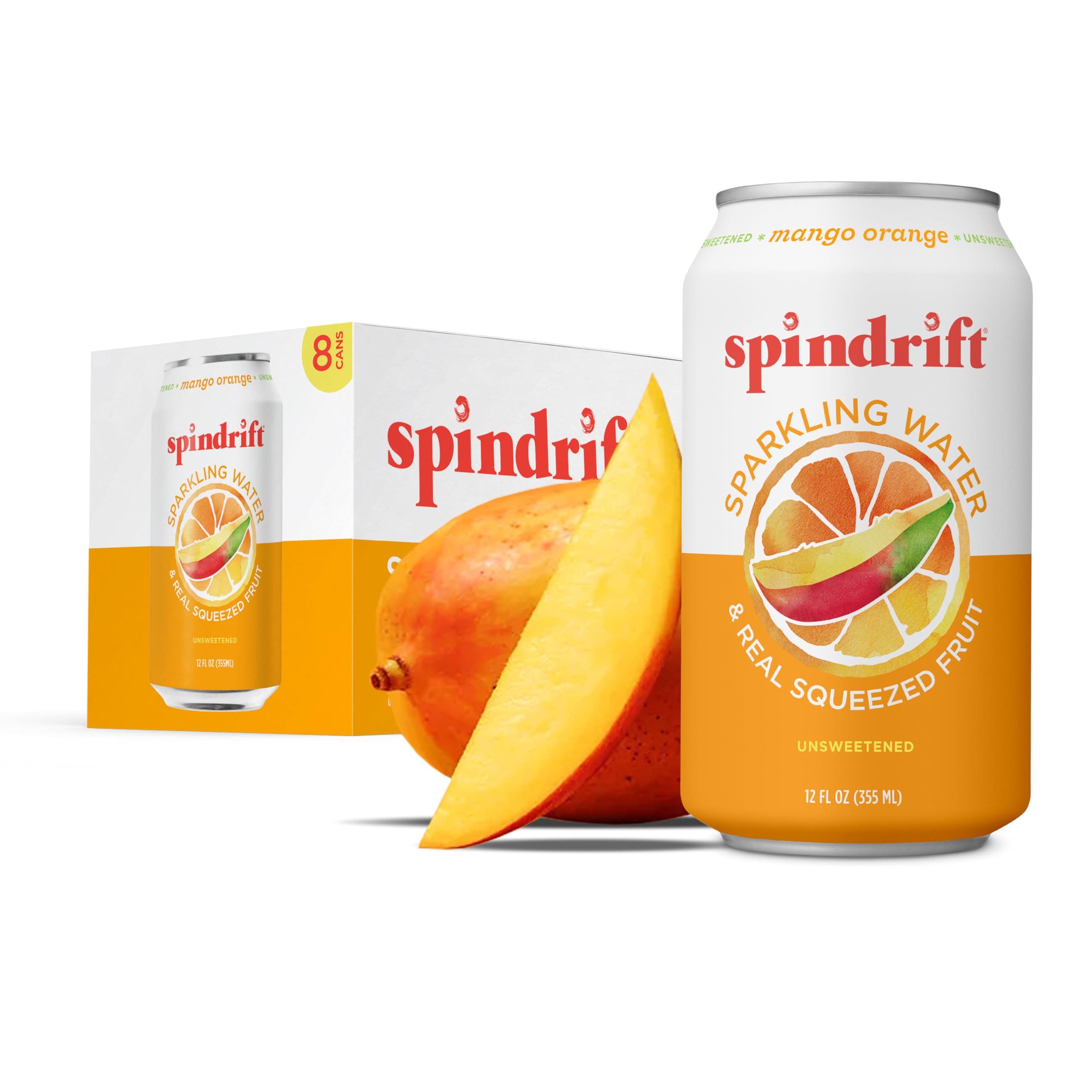 Spindrift Sparkling Water, Mango Orange Flavored, 12 Fl Oz (Pack of 8)