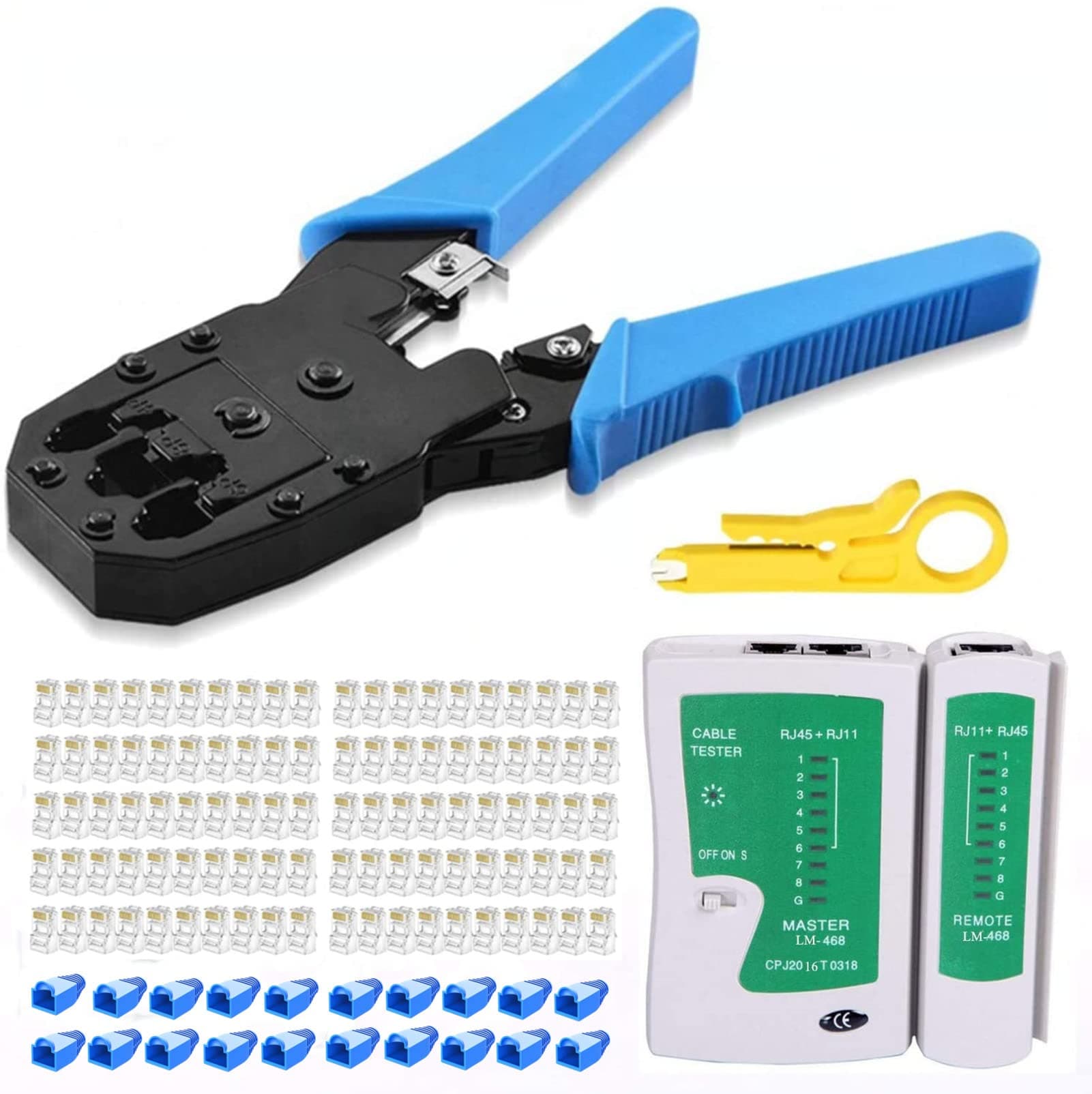 rj45 Crimp Tool Kit, Cat5 Cat5e Crimping Tool with 100pcs rj45 Cat5 Connectors, 20pcs rj45 Cat5e Connector Covers, Cable Tester, Network Wire Stripper