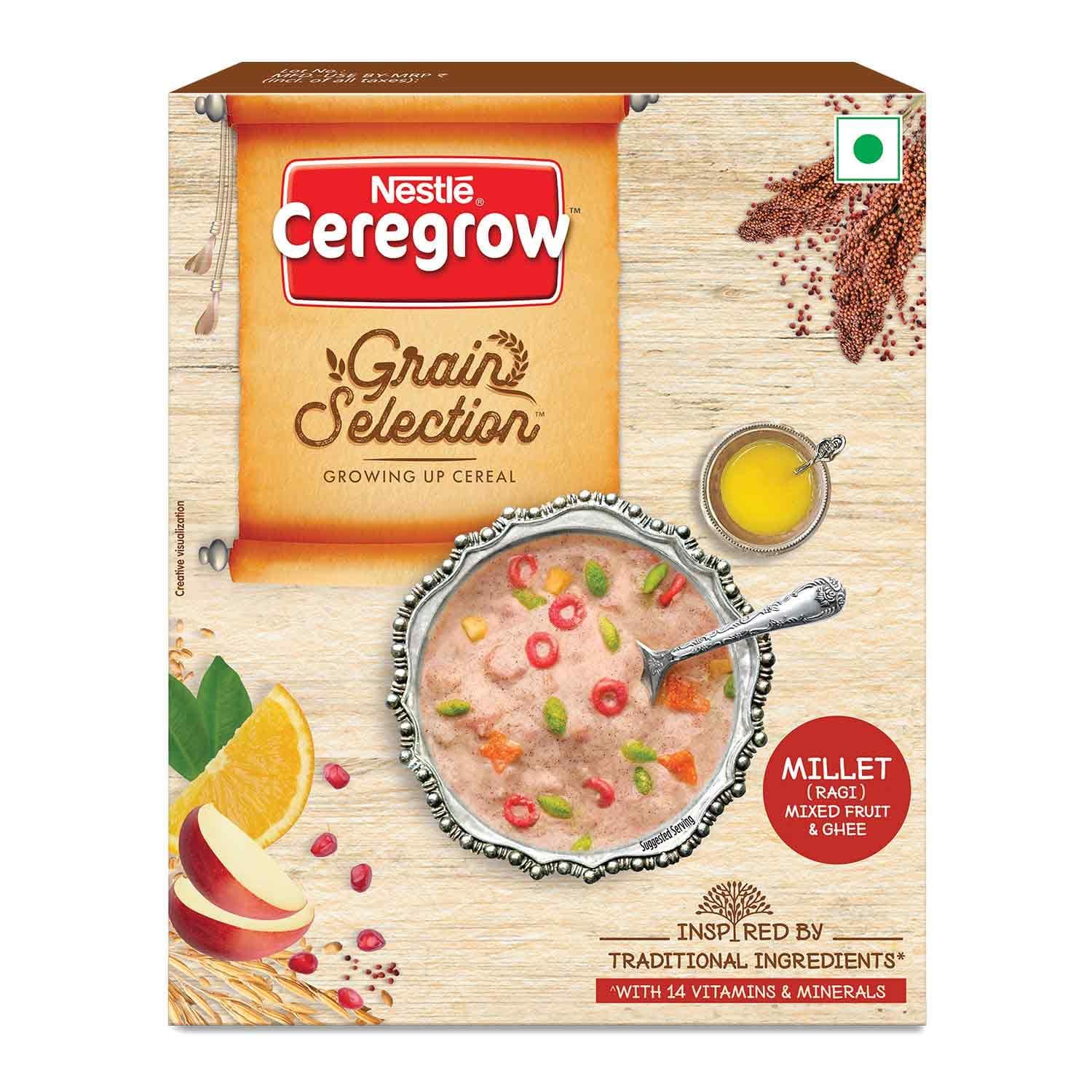 Ceregrow Grain Selection Ragi Mixed Fruit & Ghee, Growing up Cereal, 300g, Bag-in-Box Pack