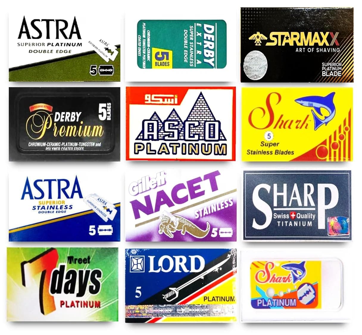 Razor Blades Club Astra-Derby-Shark-Starmaxx-Sharp-Lord 60 Quality Double Edge Razor Blades Sampler (12 different brands)