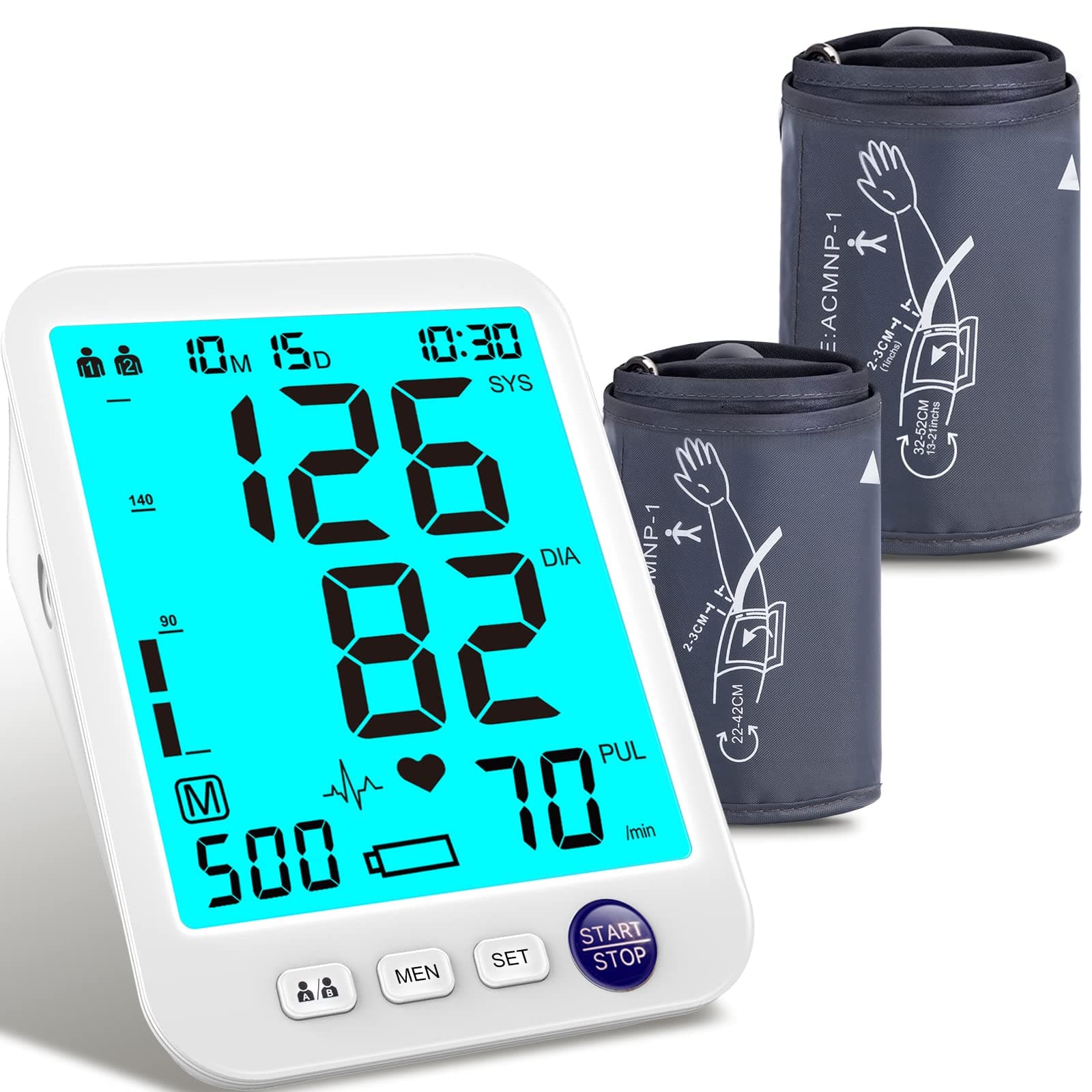 Urion Automatic Blood Pressure Machine XL Cuff for Big Arms 13-21”-Medium/Large Cuff 9"-17"Extra Large Backlit LCD Heart Rate Detection Two User 1000 Mem (Blue