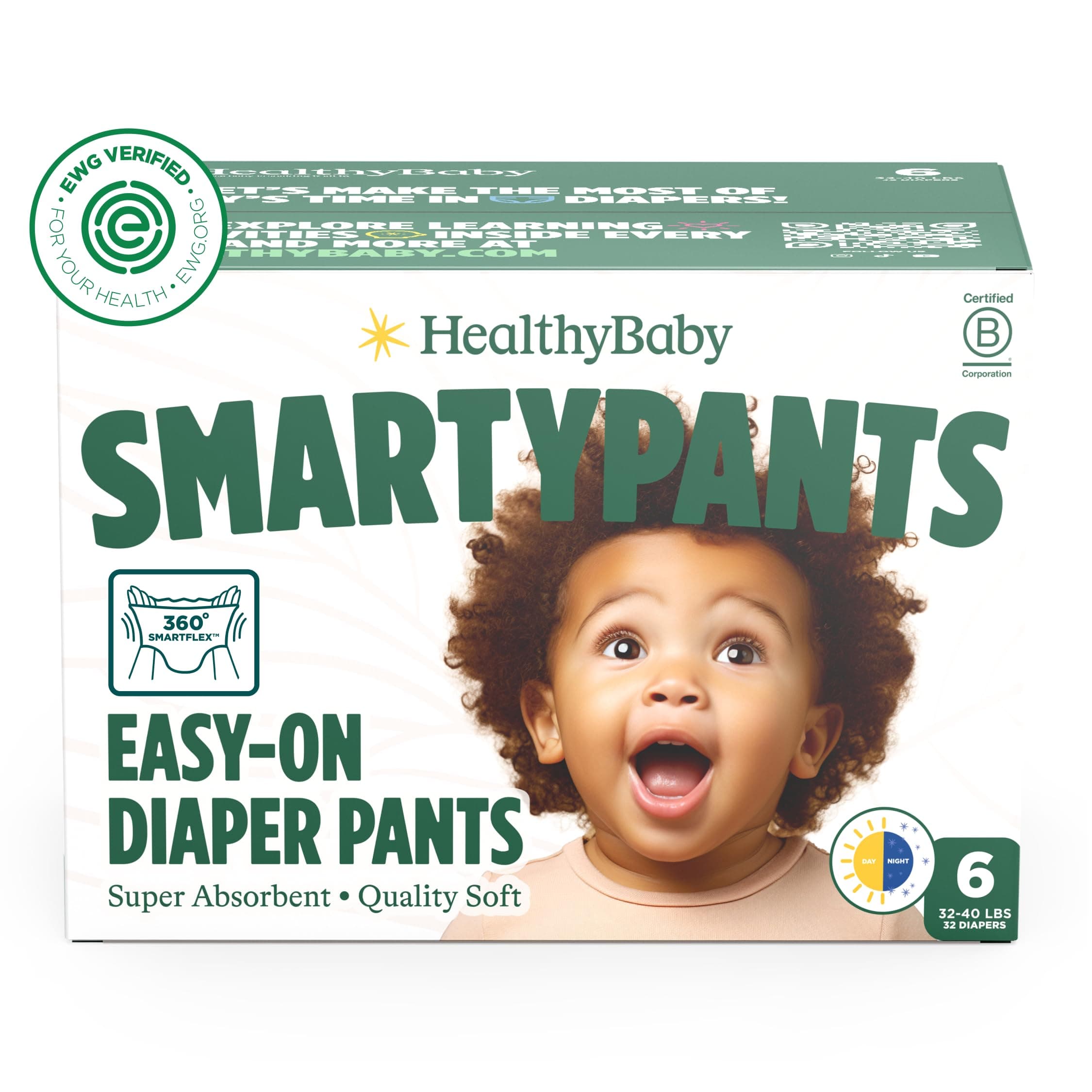 SmartyPants Pull Up Style Diapers | EWG Verified Safe & Plant-Based | Quilted 360 Waistband, Super Absorbent for Overnight Leak Protection | Training Pants by HealthyBaby | Size 6 (32 Count)