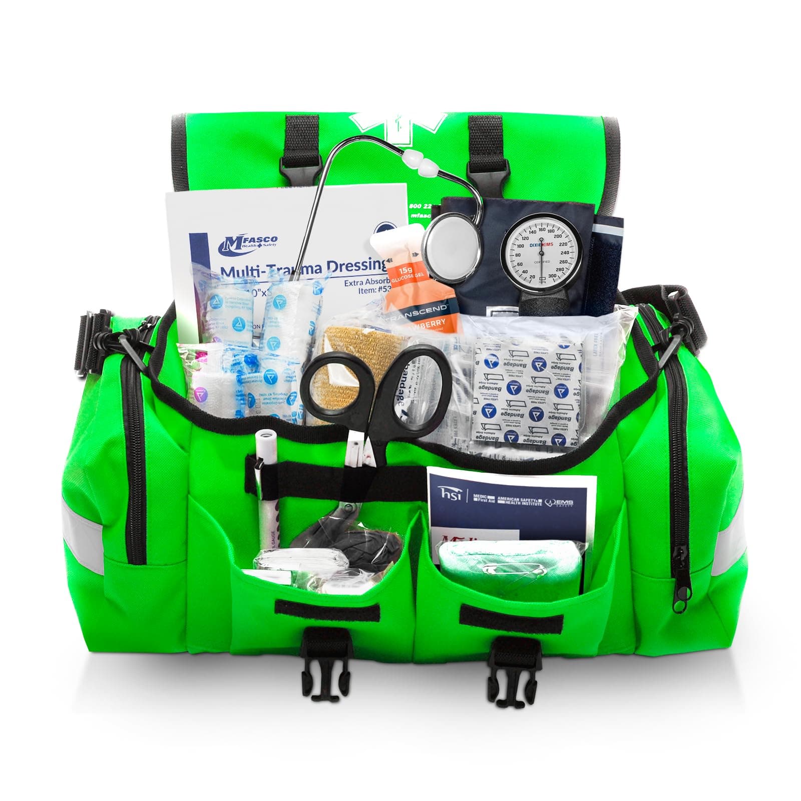 MFASCO Complete Emergency Response First Aid Kit Trauma Bag - 415 Piece Fully Stocked Supplies for Disaster Preparedness | for Business, Schools, Organizations, Groups, Home Safety (Reflective Green)