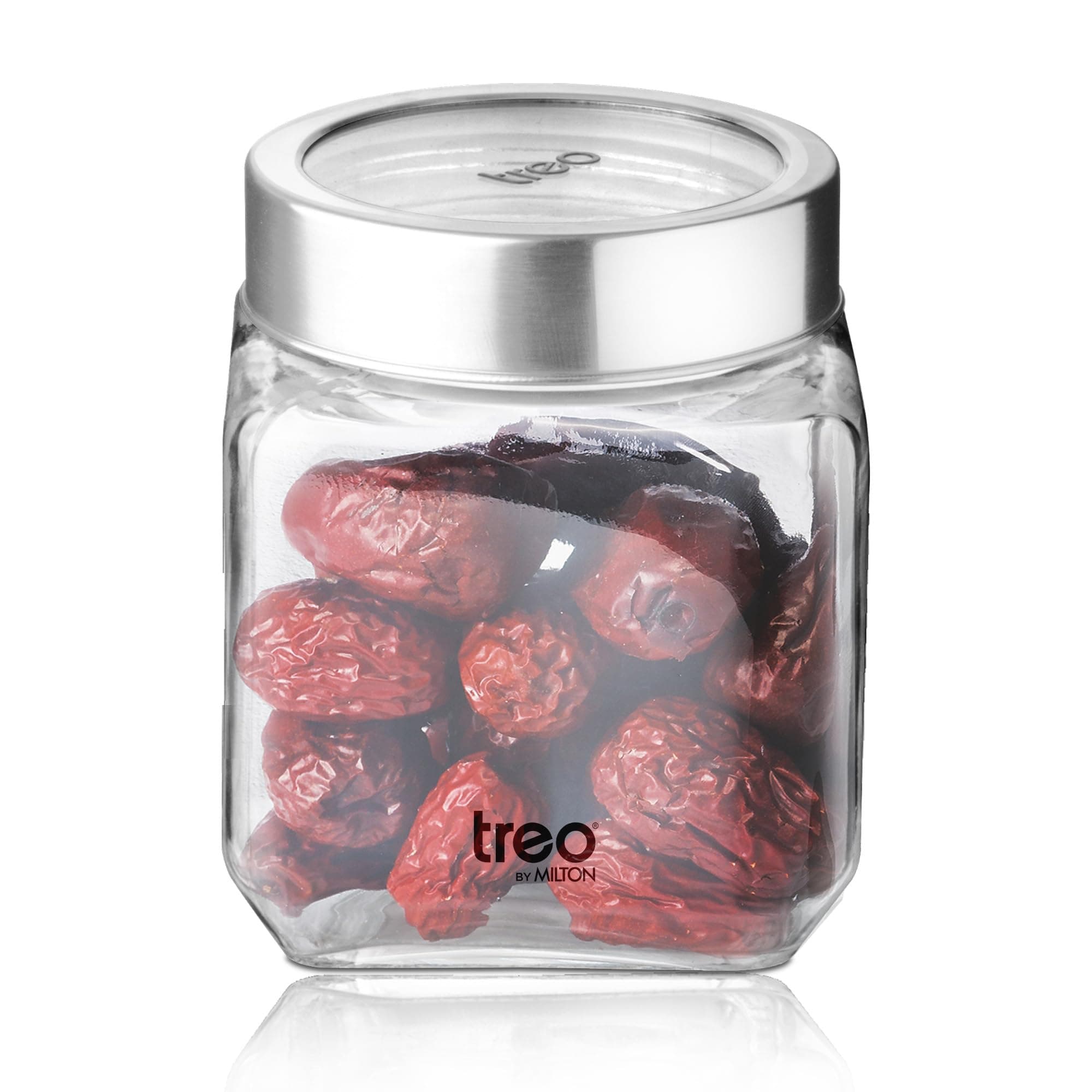 Treo by Milton Cube Storage Containers, 1 Piece, Glass Jar with Air Tight Steel Lid, 580 ml each, Transparent Jars for snacks, Pulses, Masala, Pickles, Cereals, Cookies, Dry Food