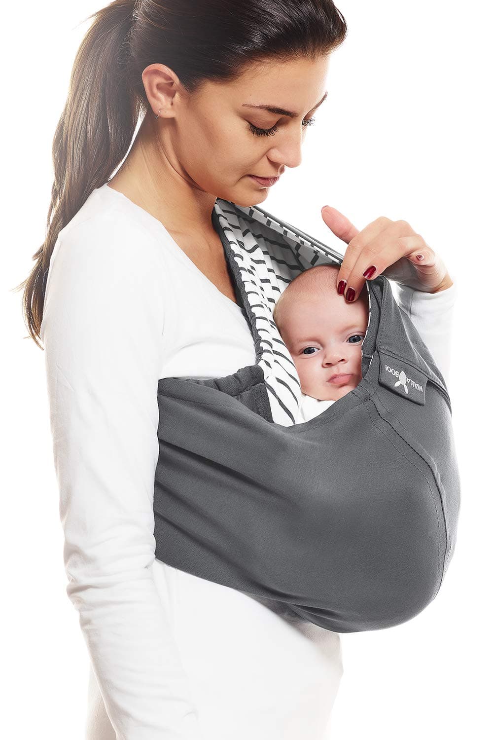 Wallaboo Wrap Sling Carrier Connection, Easy Adjustable, Ergonomic, 3 Carrying Positions, Newborn 8lbs to 33 lbs, Soft Breathable Cotton, 3 Sitting Positions, EU Safety Tested, Color: Grey Striped