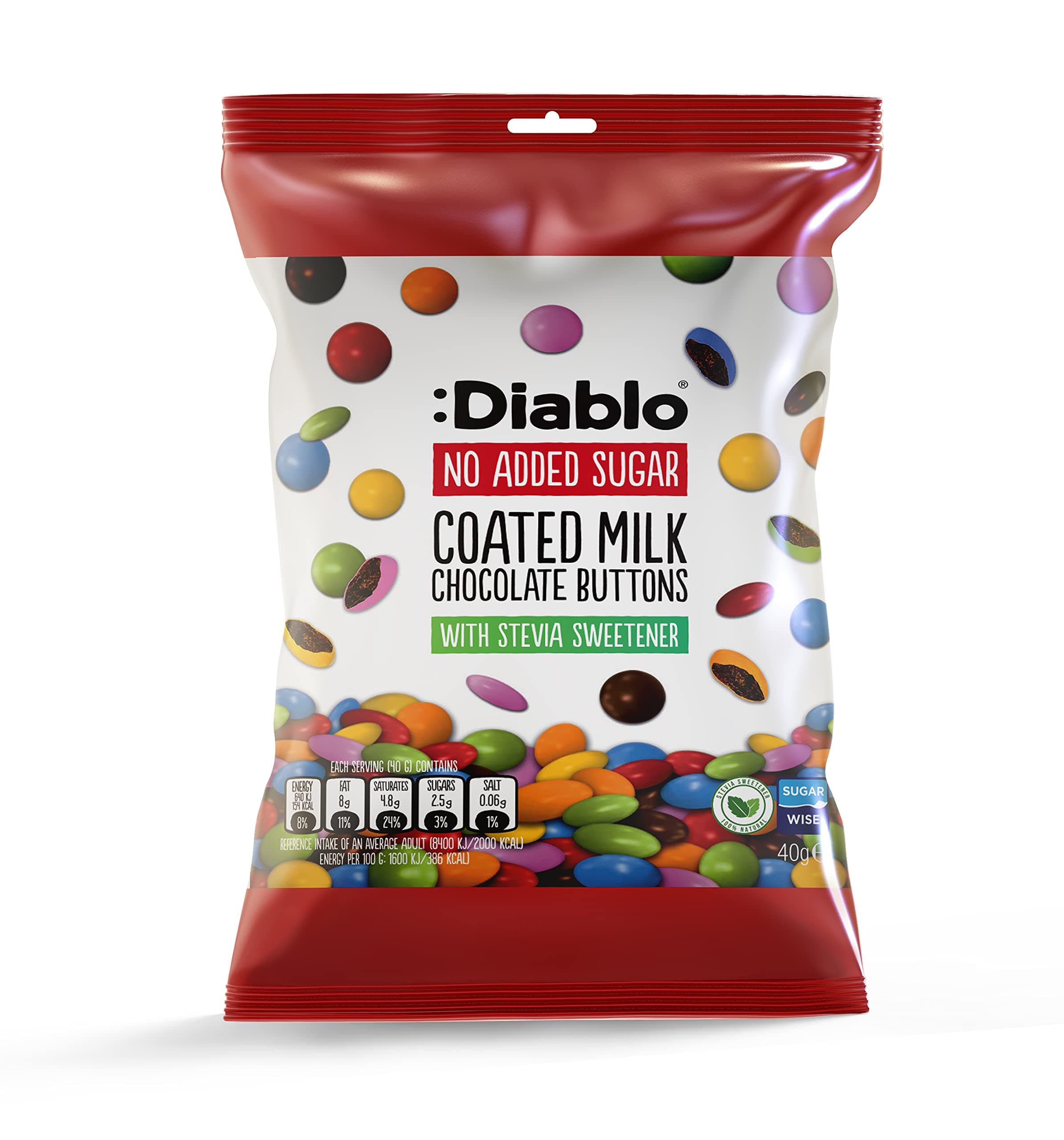 – Diablo Chocolate Candy Coated Buttons - No Sugar Added, Bite Size Colorful Shell Coating - Sweetened with Stevia, Perfect for Gifting Chocolates - 40g, Milk Chocolate, Pack of 1