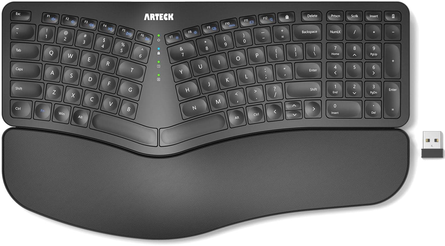 Arteck Ergonomic Split Keyboard with Padded Wrist Rest, 2.4G USB Wireless Comfortable Split Keyboard with Natural Ergonomics, for Windows Computers and Laptops