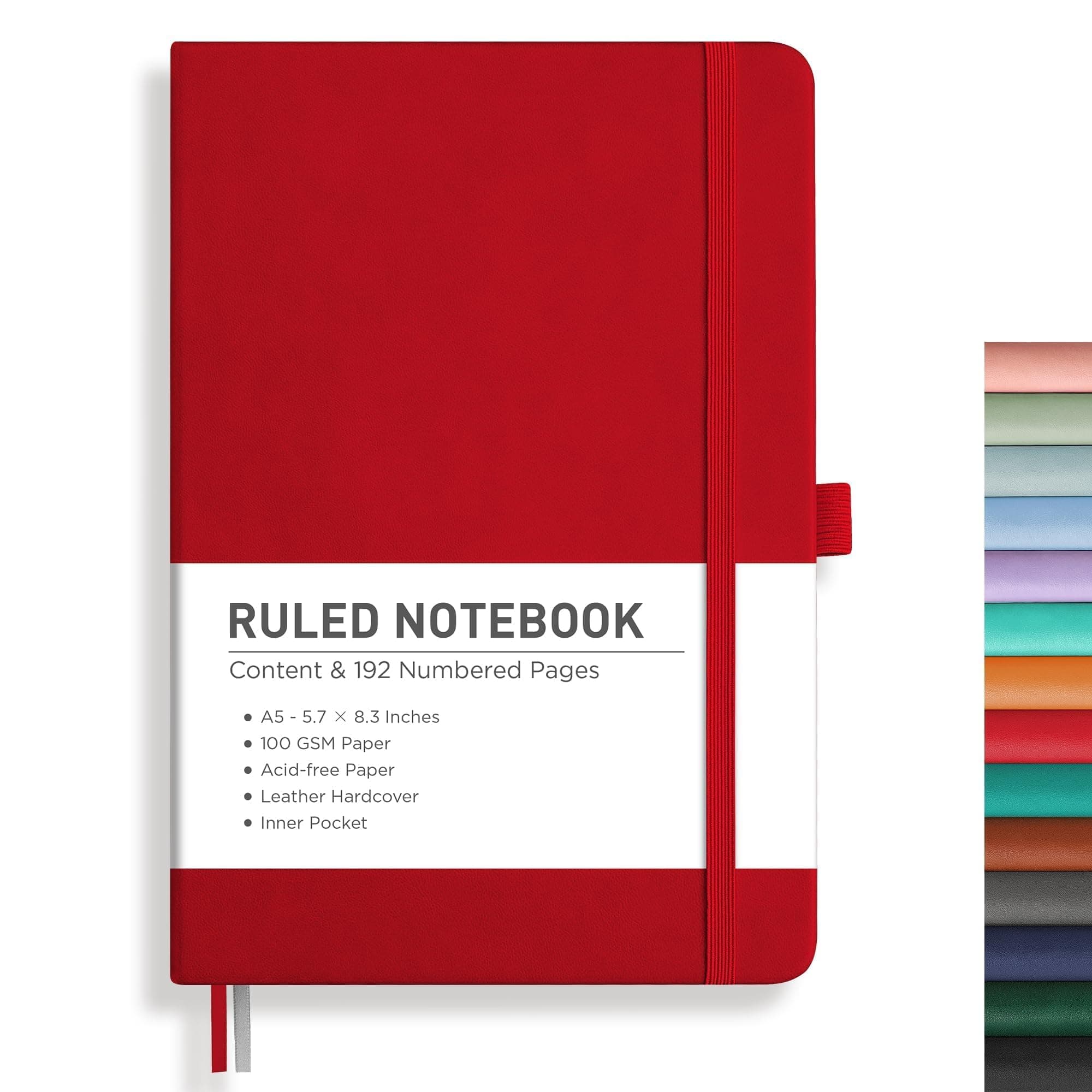 RETTACY Lined Journal Notebook, 192 Numbered Pages, A5 Medium Size (5.7'' x 8.3''), for Men & Women, Journaling, Writing, Work & Office, Leather Hardcover, 100 GSM Thick Paper (Red)