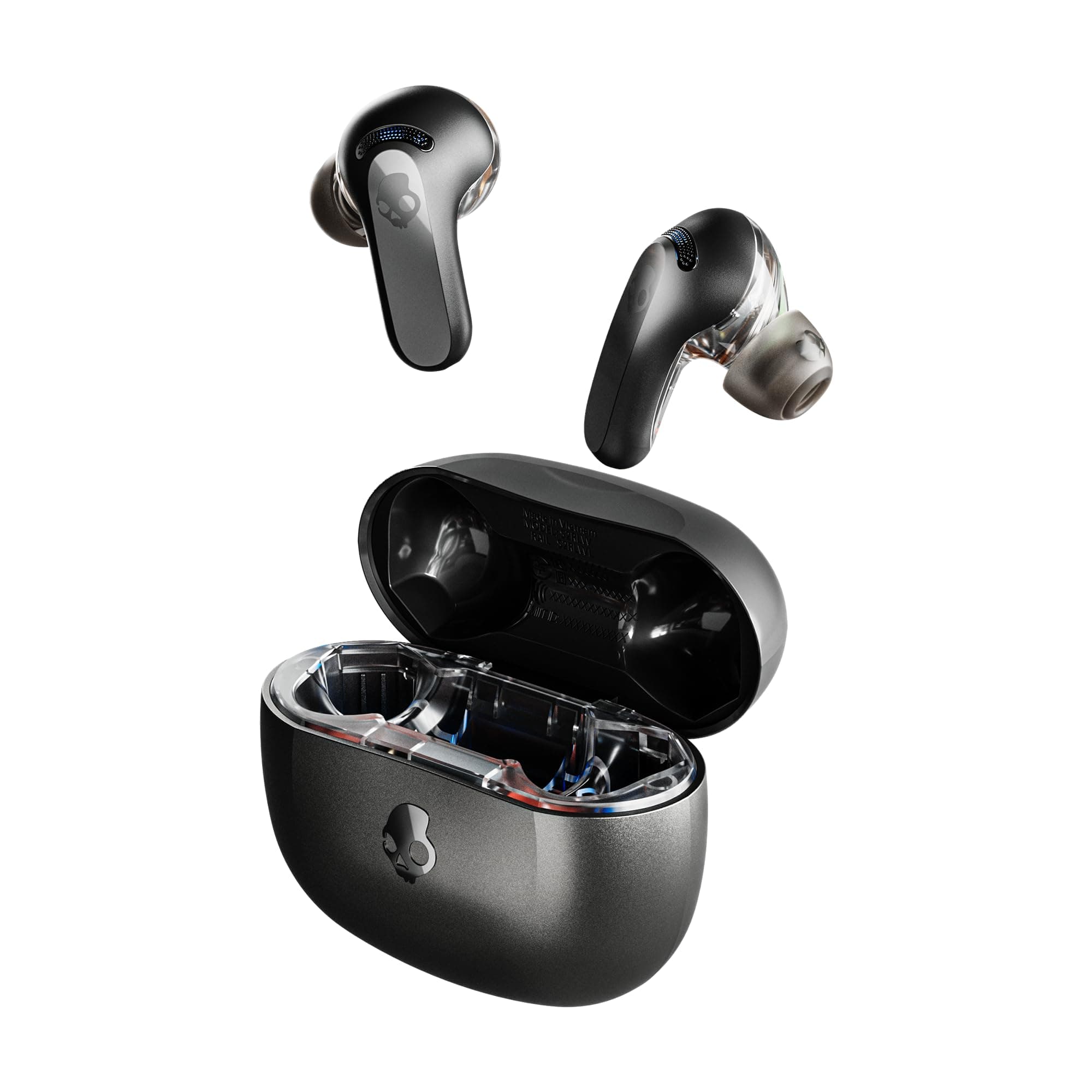 Rail ANC Wireless Earbuds with Mic - Active Noise Cancelling, 97 dB Multipoint Pairing, 38Hr Battery, Skull-iQ App, Tile Tracking – Black