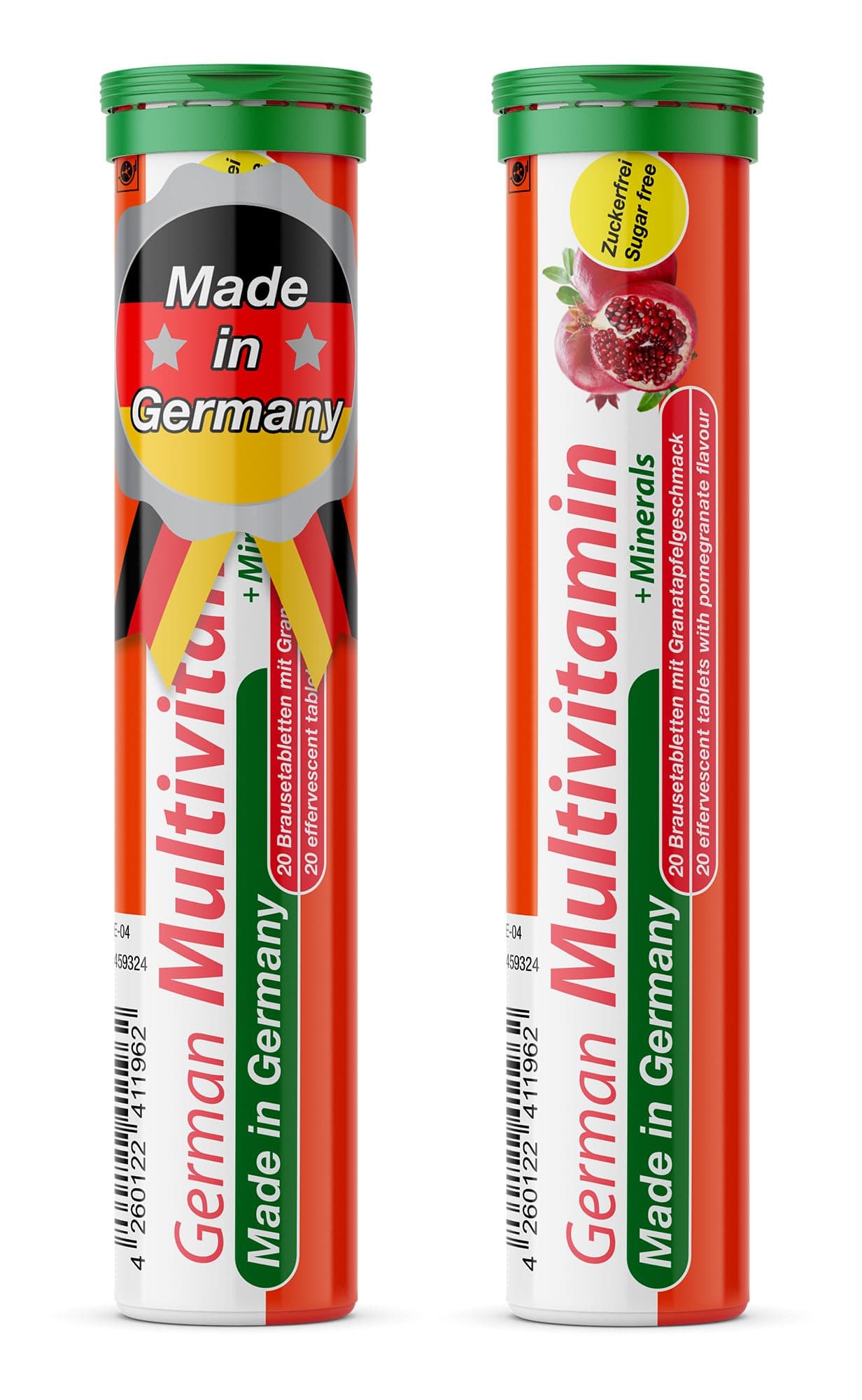 German Multvitamin + Minerals 10 Vitamins 2 Minerals - 40 Vegan Drink Effervescent Tablets - Pomegranate Flavor - Made in Germany