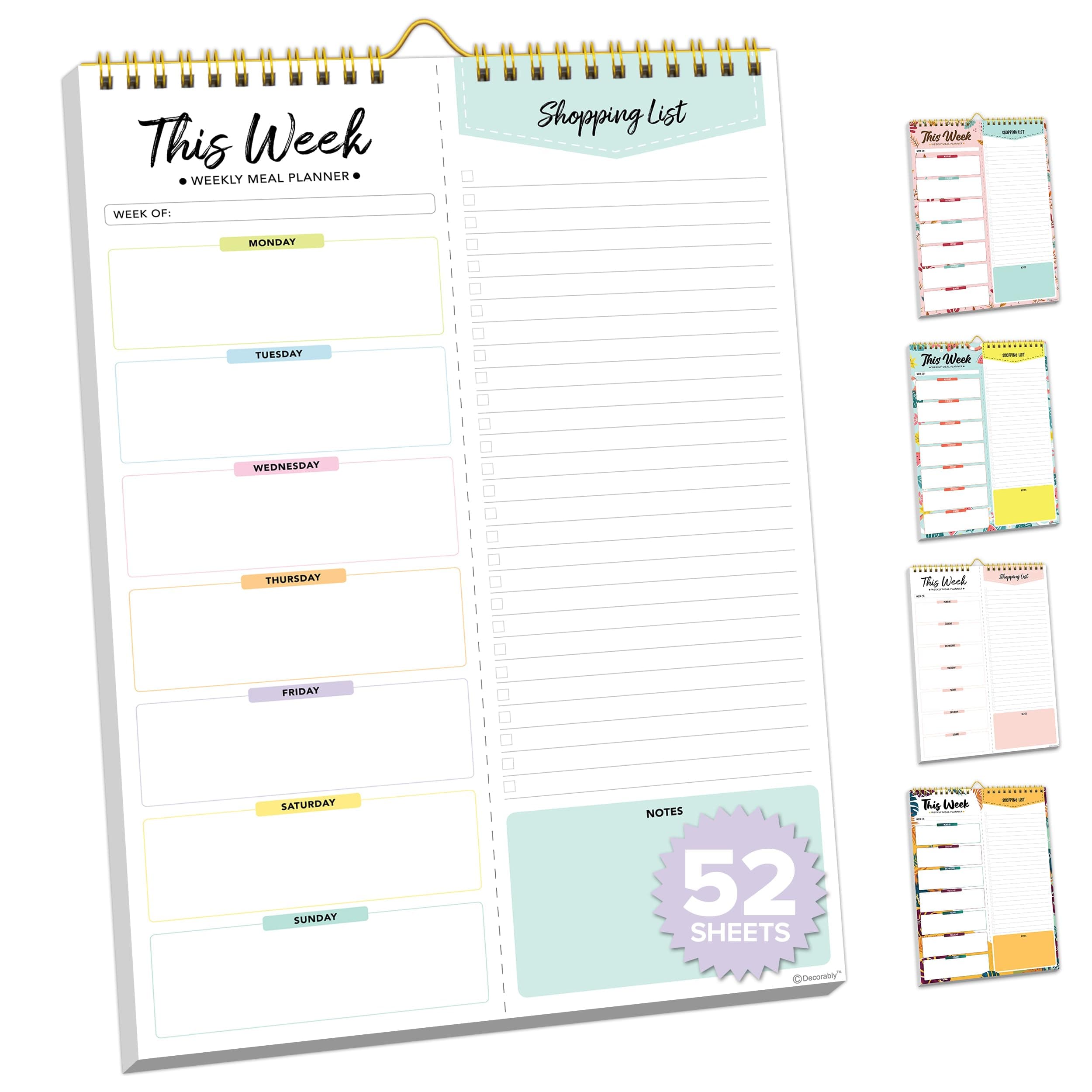 Decorably 52 Sheets Pastel Rainbow Weekly Meal Planner for Fridge with 4 Strong Magnets - 6x9in Spring-Bound Refrigerator Mountable, Easy Tear-Off Design, Track Food, Drinks, & Home Supplies