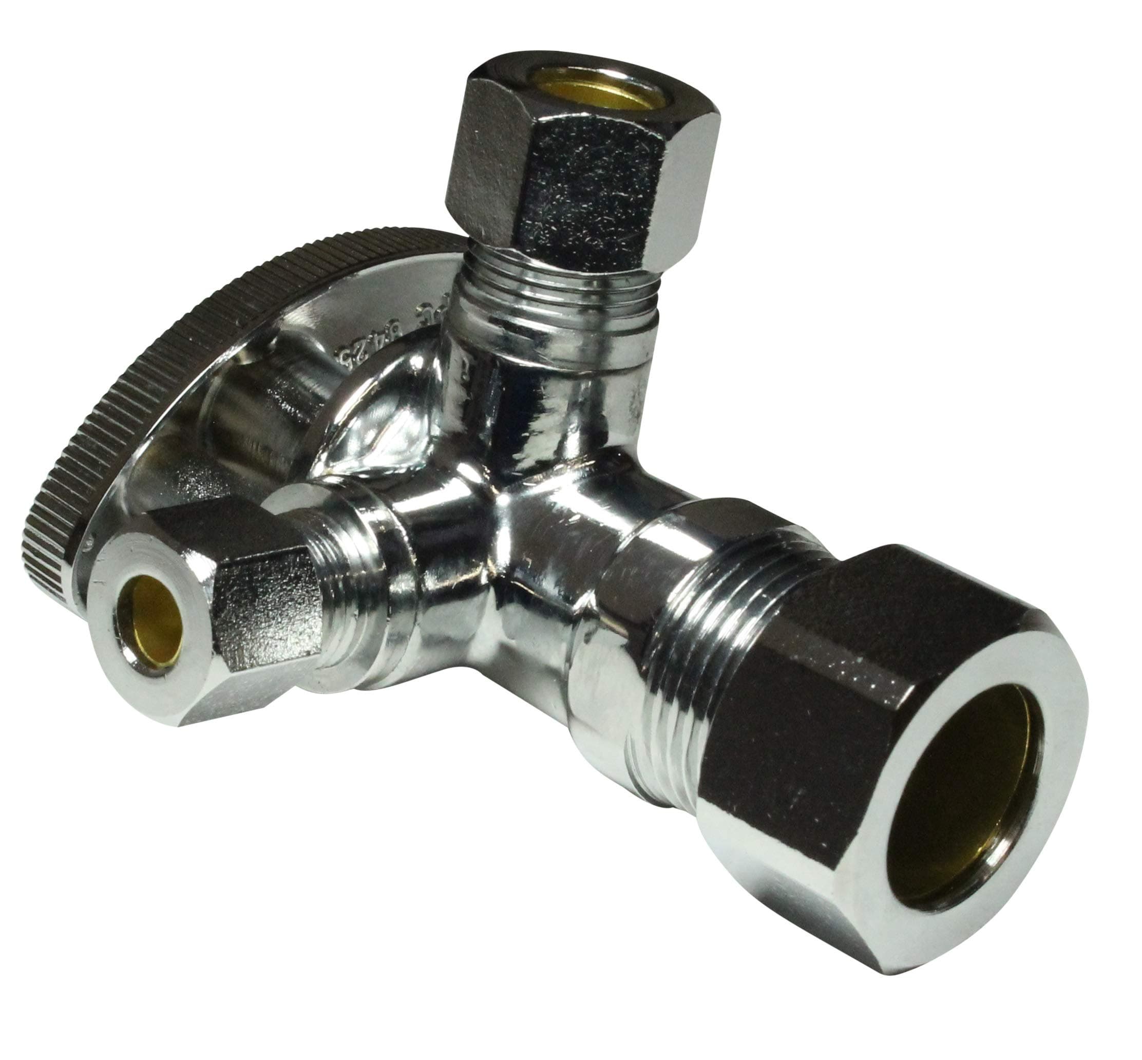 Dual Compression Outlet Angle Stop Valve, Plumbing Fitting, Quarter Turn, Single Handle Multi-Select Positions, Water Valve Shut Off 1/2 inch x (3/8 inch x 1/4 inch)