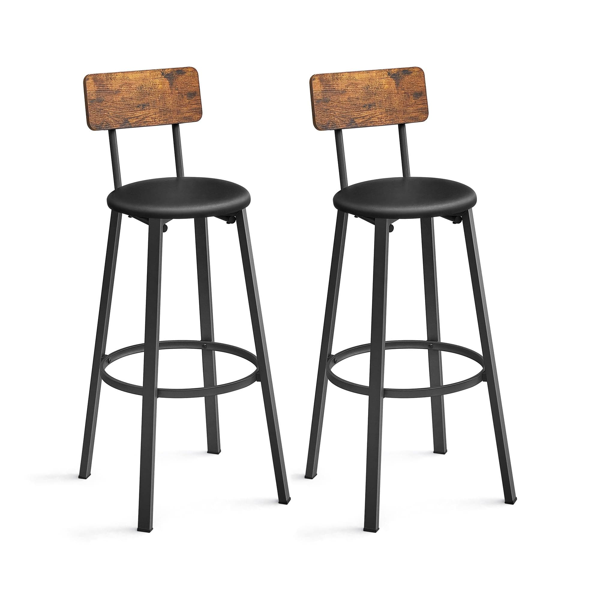 Bar Stools, Set of 2 PU Upholstered Breakfast Stools, 15.4 x 15.4 x 29.7 Inches, Footrest, Simple Assembly, Industrial, for Dining Room Kitchen Counter Bar, Rustic Brown and Black ULBC069B81