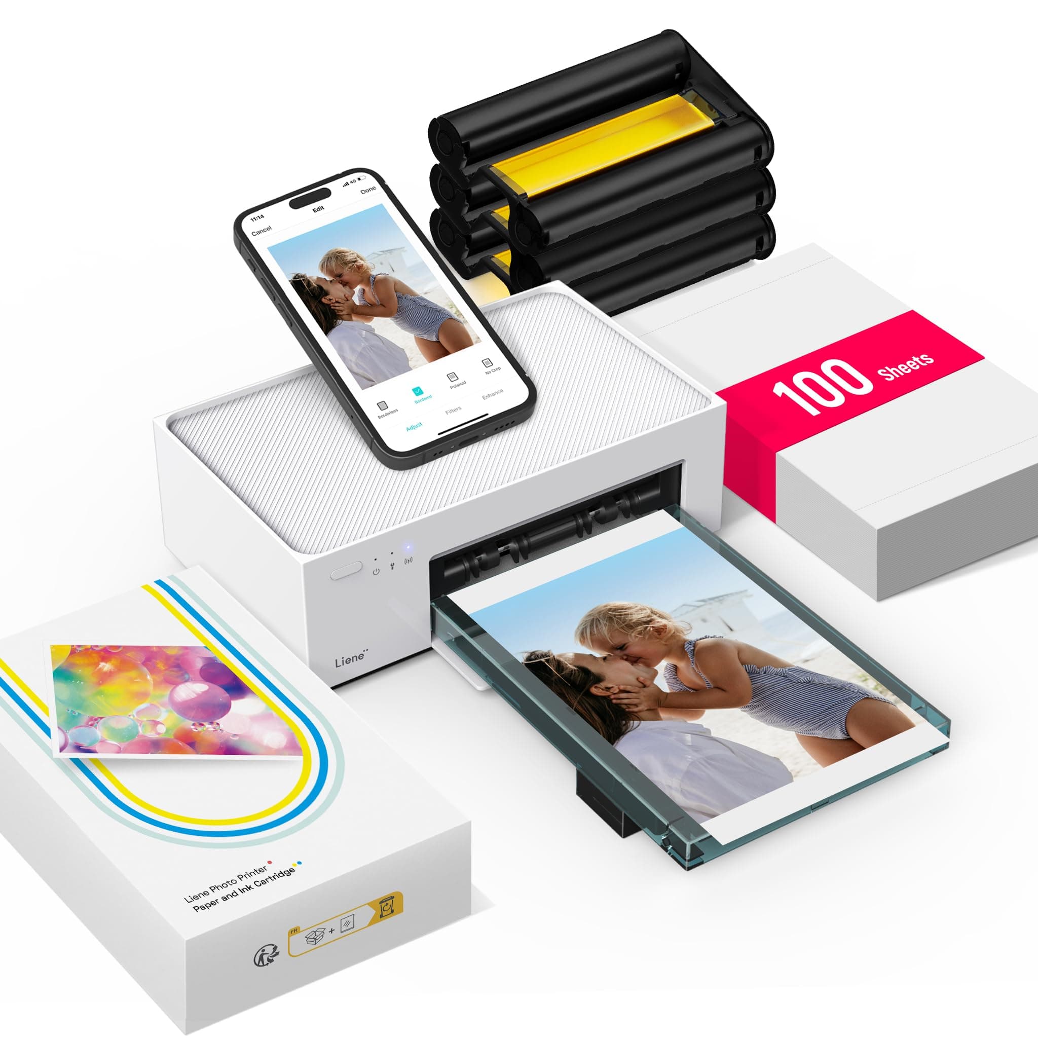 4x6'' Photo Printer, Portable Instant Printer for iPhone (100 Sheets), Full-Color, Thermal Dye Sublimation, Wi-Fi Picture Printer With 100 Sheets Paper & 3 Cartridges