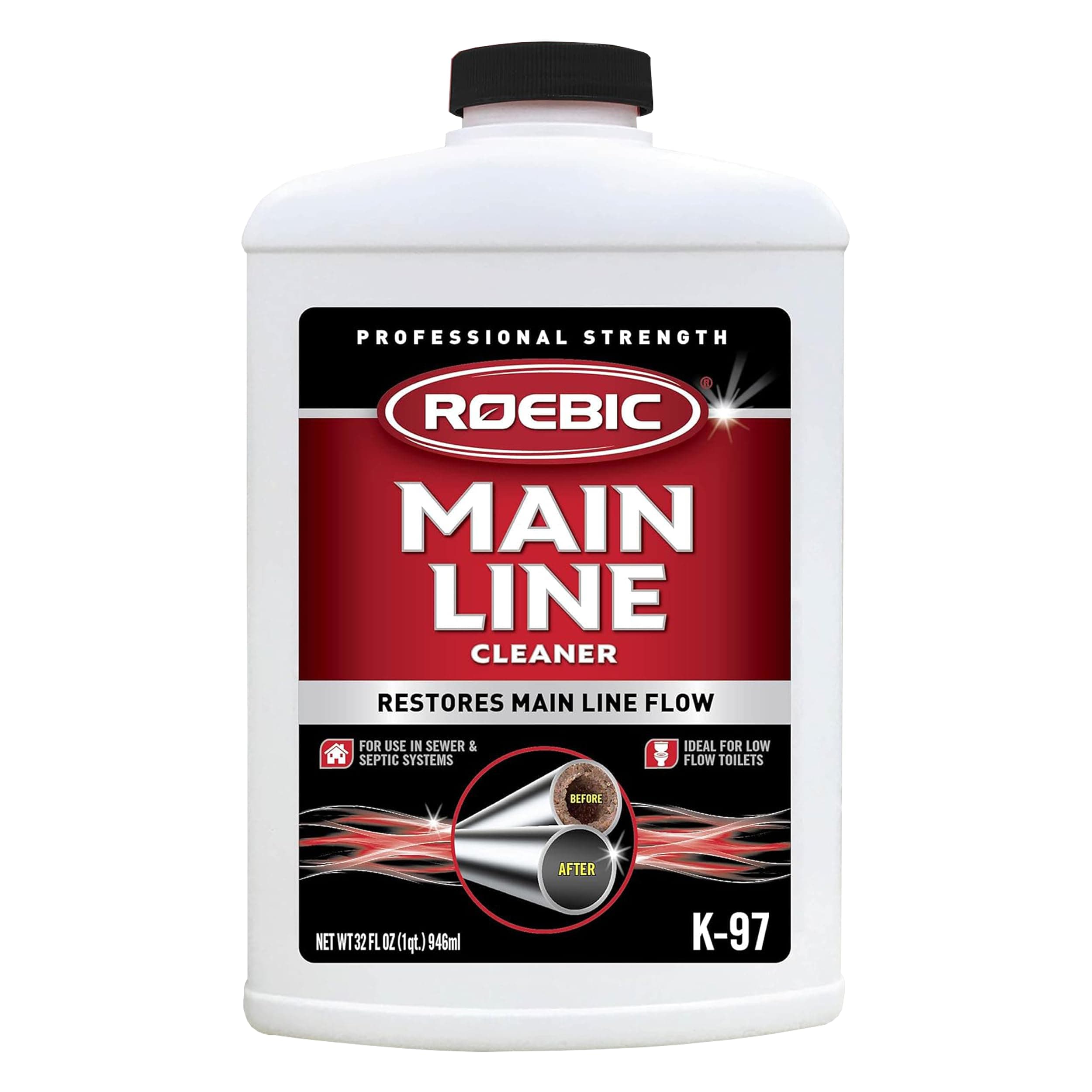 Roebic K-97 Liquid Main Line Cleaner with Bacteria Enzymes, Eliminates Organic Buildup in Sewer/Septic System and Protects from Clogs, Safe for Bathroom Toilet, 32 fl oz