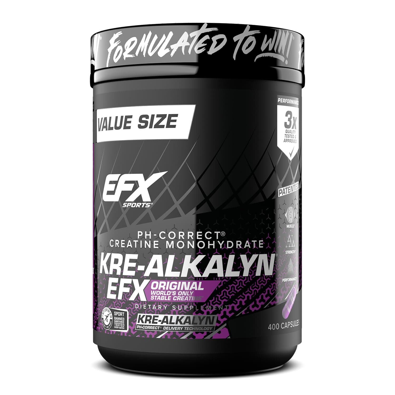 EFX Sports Kre-Alkalyn | PH Correct Creatine Monohydrate | Patented Formula, Gain Strength, Build Muscle & Enhance Performance - 400 Capsules / 200 Servings