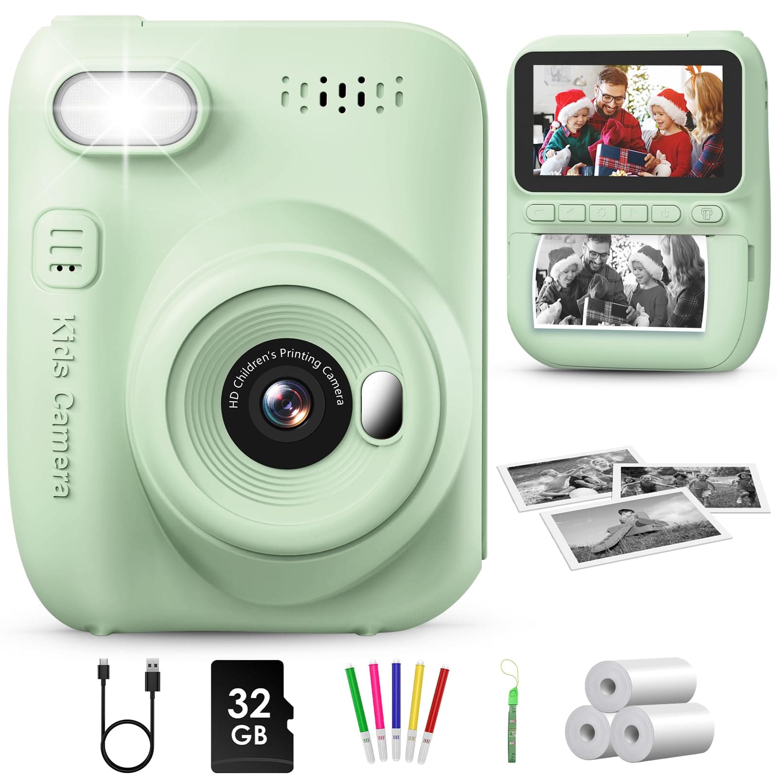 Kids Camera Instant Print, 3.0'' Large Screen Instant Camera for Kids with 32GB Card & 3 Rolls Print Paper, 1080P Kids Selfie Digital Cameras, Gift Toy for Boys Girls 3-12 Years Old, Green