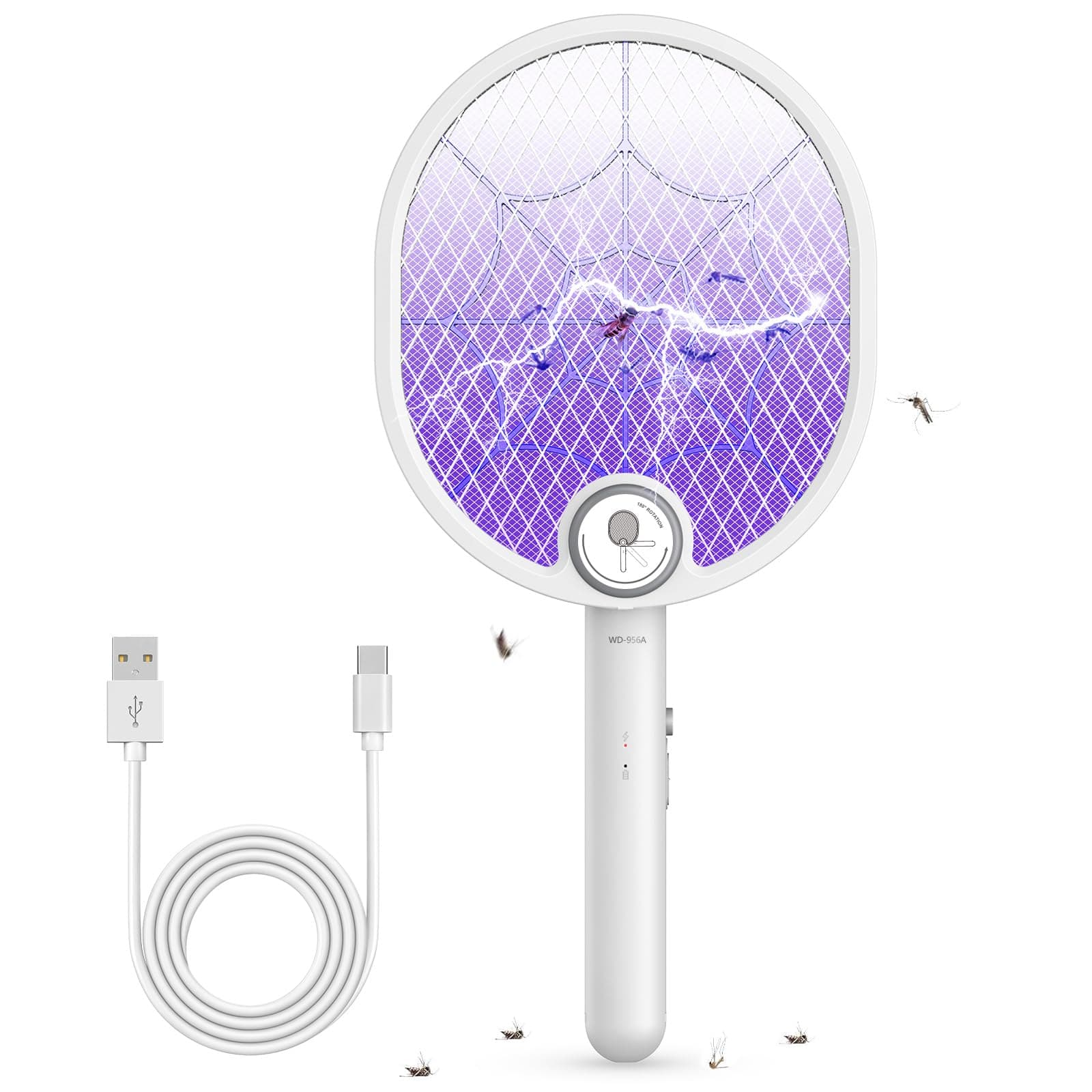 Buzbug Electric Fly Swatter, Type-C Rechargeable Mosquito Swatter, Foldable, Dual Handheld and Auto Zap Mode, 3800V Powerful Instant Bug Zapper Racket, Mosquito Bat for Indoor Outdoor Camping -WD956A