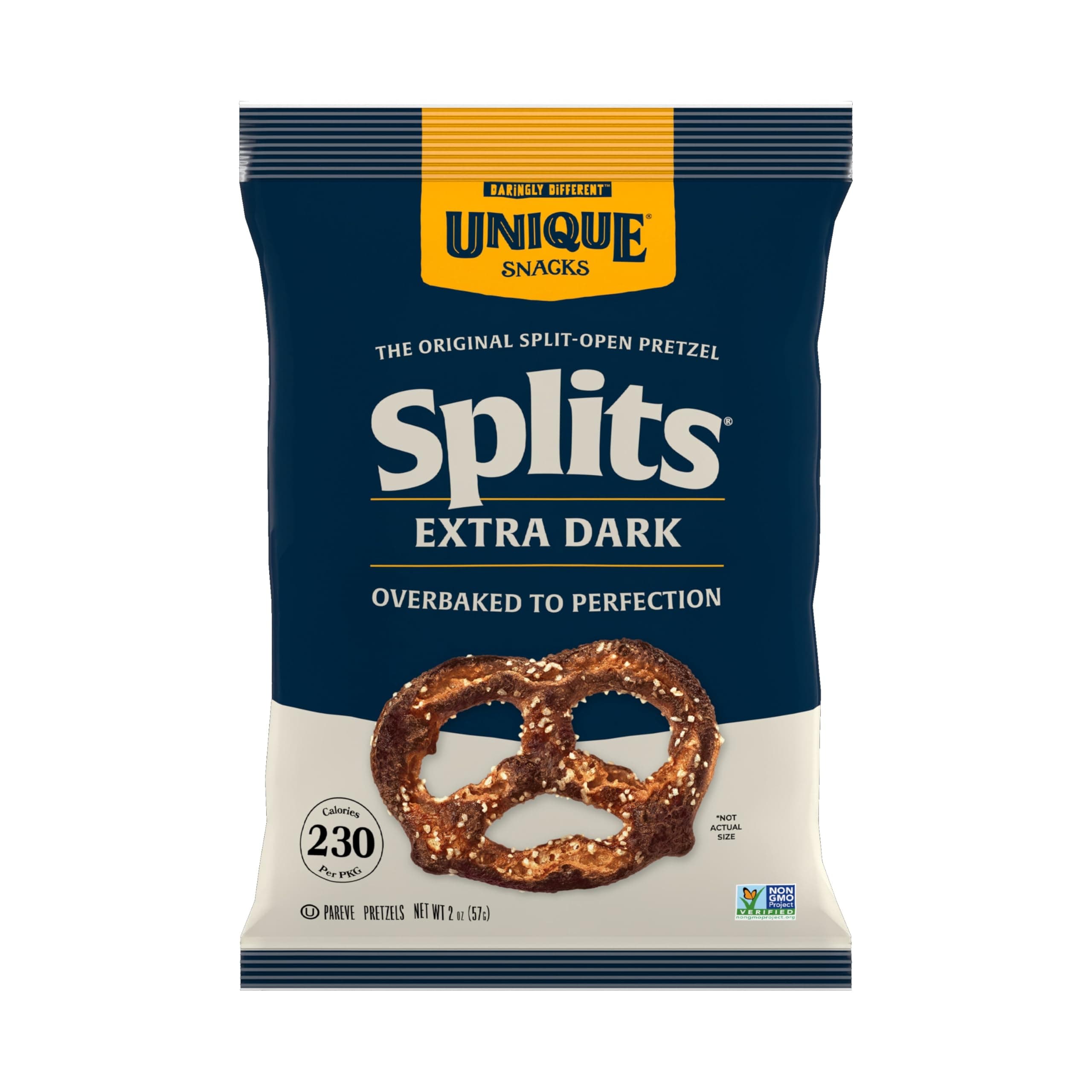 Unique Snacks Extra Dark Splits Pretzels, Original Split-Open Pretzels, Delicious Homestyle-Baked Snack Bag, Vegan, OU Kosher, and Non-GMO Food, No Artificial Flavor, 2.12 Oz. Bag, Pack of 12