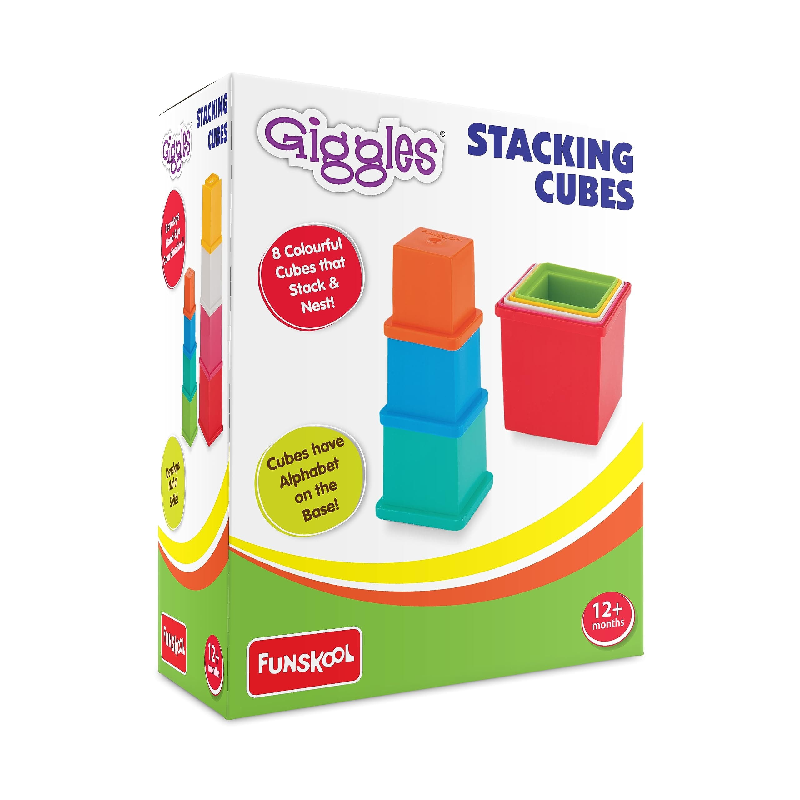 Giggles Funskool Plastic Stacking Multicolored Cubes,Blocks With Alphabet,Helps To Sort,Stack And Nest,12 Months&Above,Infant And Preschool Toys,Multi Color