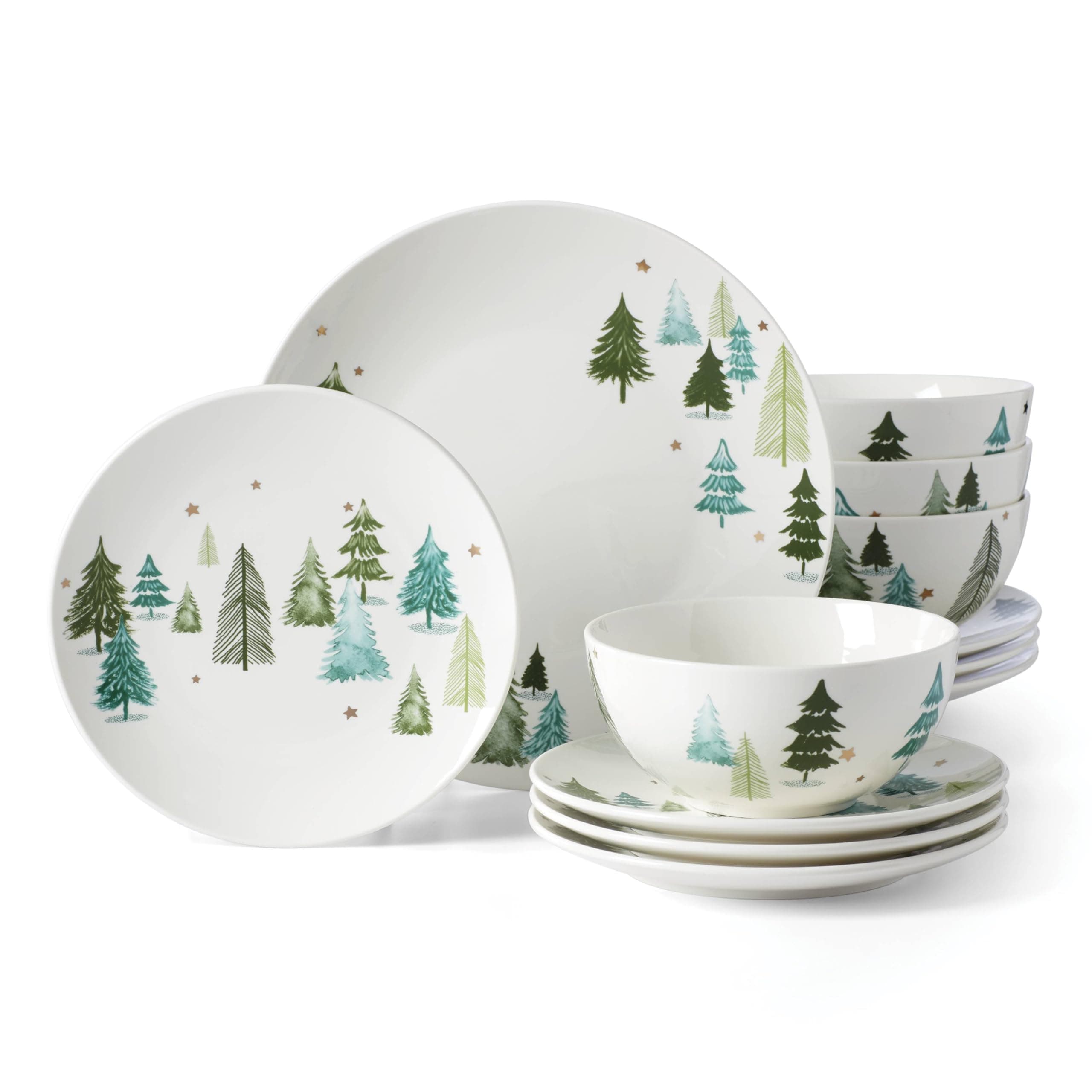 Lenox Dinnerware, Balsam Lane 12-Piece Dinnerware Set, Service For 4, Porcelain, Dishwasher & Microwave Safe, Plates & Bowls Sets, Christmas, Holiday Hosting, Home and Kitchen (White/Green, 12 Piece)