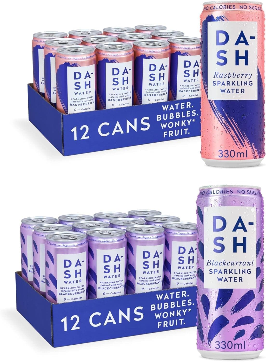 Raspberry & Blackcurrant - 24 x Flavoured Sparkling Spring Water NO Sugar, NO Sweetener, NO Calories - Infused with Wonky Fruit (12 Raspberry & 12 Peach x 330ml cans)