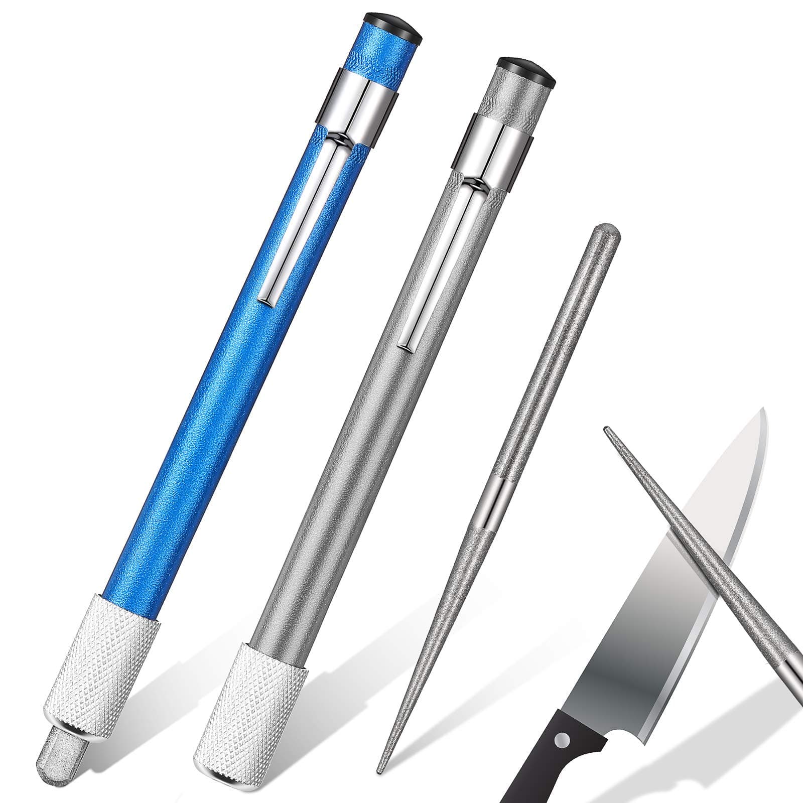 2 Pieces Diamond Retractable Knife Sharpener Steel Sharpening Rod for Kitchen Outdoor Serrated Stick Tools (Blue, Silver)