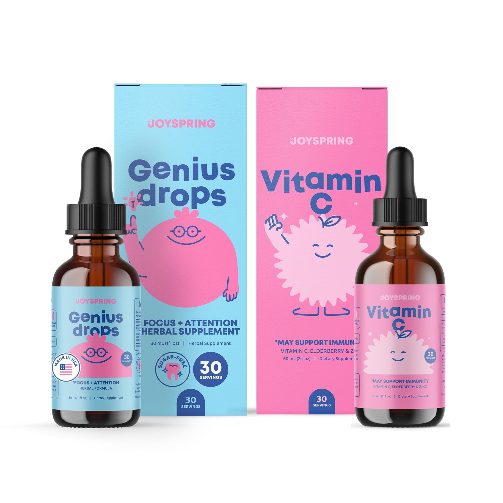 Genius Drops & Vitamin C - School Backup Bundle | Kids Vitamins Naturally Sourced, Non-GMO, Non-Alcoholic Liquid Formula, Immunity Health Support | Vegan & Vegetarian Supplement Drops