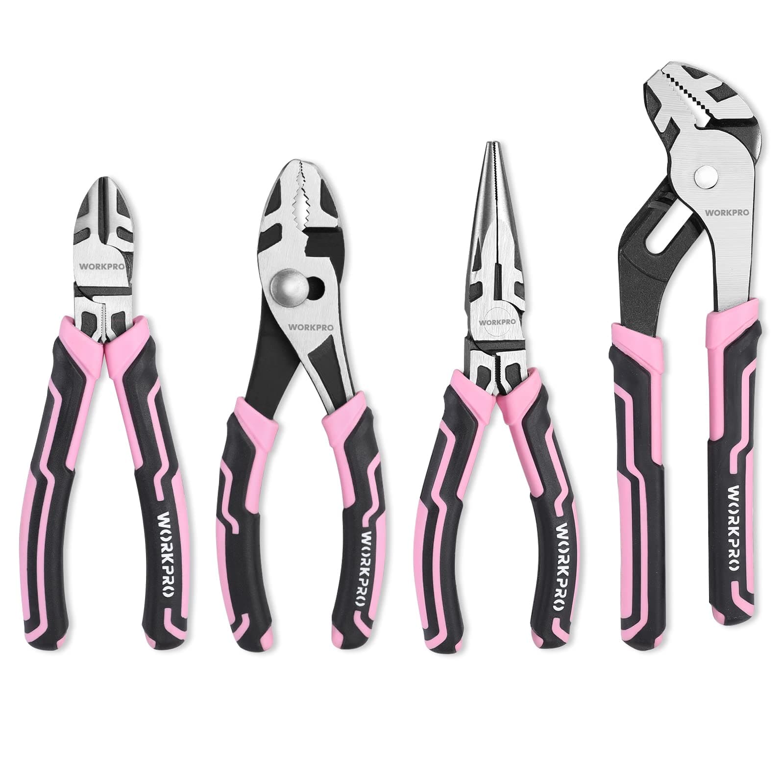 - 4-Piece Pliers Set, Premium CR-V Construction Pliers Tool Sets Including Long Nose, Diagonal Cutting, Groove Joint and Slip Joint Pliers - Pink Ribbon