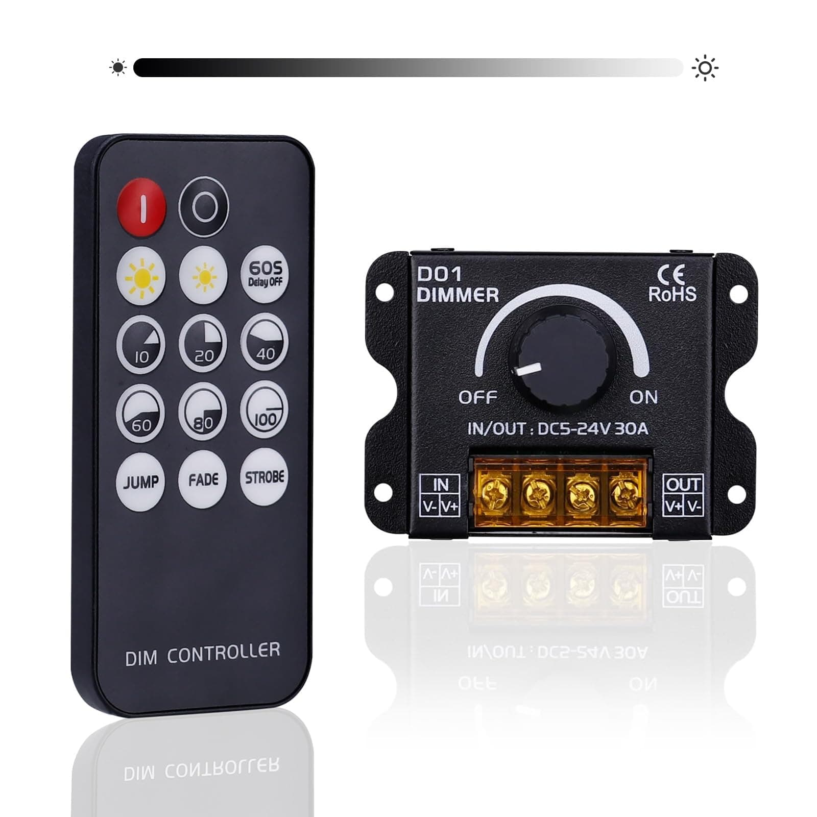TERRIFI DC 5V-24V 30A RF LED Light Strip Dimmer, PWM Dimming Controller for LED Strip Lights, Wireless or Knob Brightness Adjustment