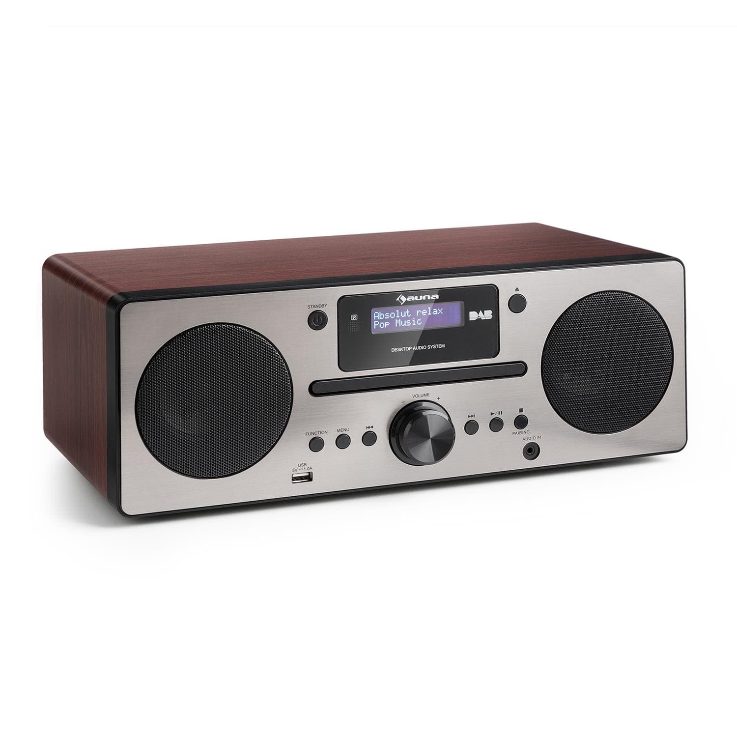 auna Harvard Micro Audio System DAB/DAB+ FM Radio Tuner CD-Player USB Charging Function AUX Bluetooth Wireless Sleep Timer 4 Ohm Impedance X-Bass Function Alarm High Performance Walnut