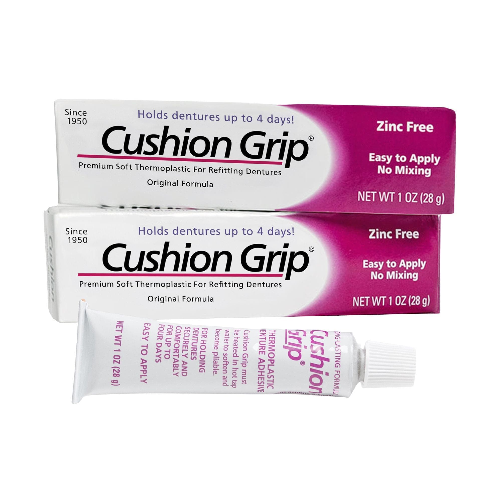 Cushion Grip Thermoplastic Denture Adhesive 1 oz (2-Pack) – Refits & Tightens Loose Dentures, Works Like a Soft Reliner for a Secure Custom Fit, Long-Lasting Comfort, Waterproof, Zinc-Free