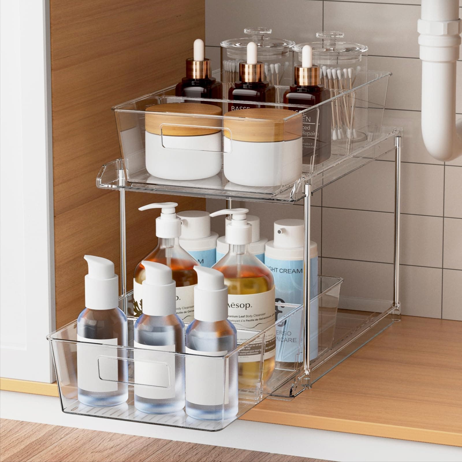 Modern Multi-purpose Storage Organizer, 2 Tier Clear Bathroom, Bedroom, Kitchen, Closet, Pantry, Shelf Organizer with Dividers