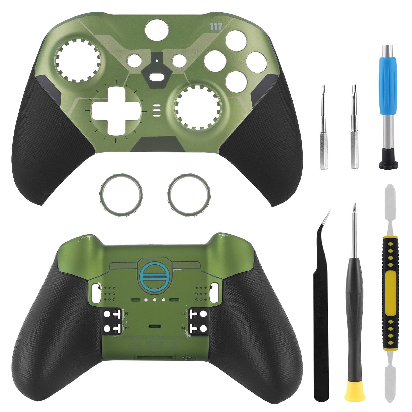 OEM Back and Front Housing Shell Replacement Kit for Xbox Elite Series 2 Controller - Includes Faceplate, Grip Cover, and Repair Tools (Halo-Green)