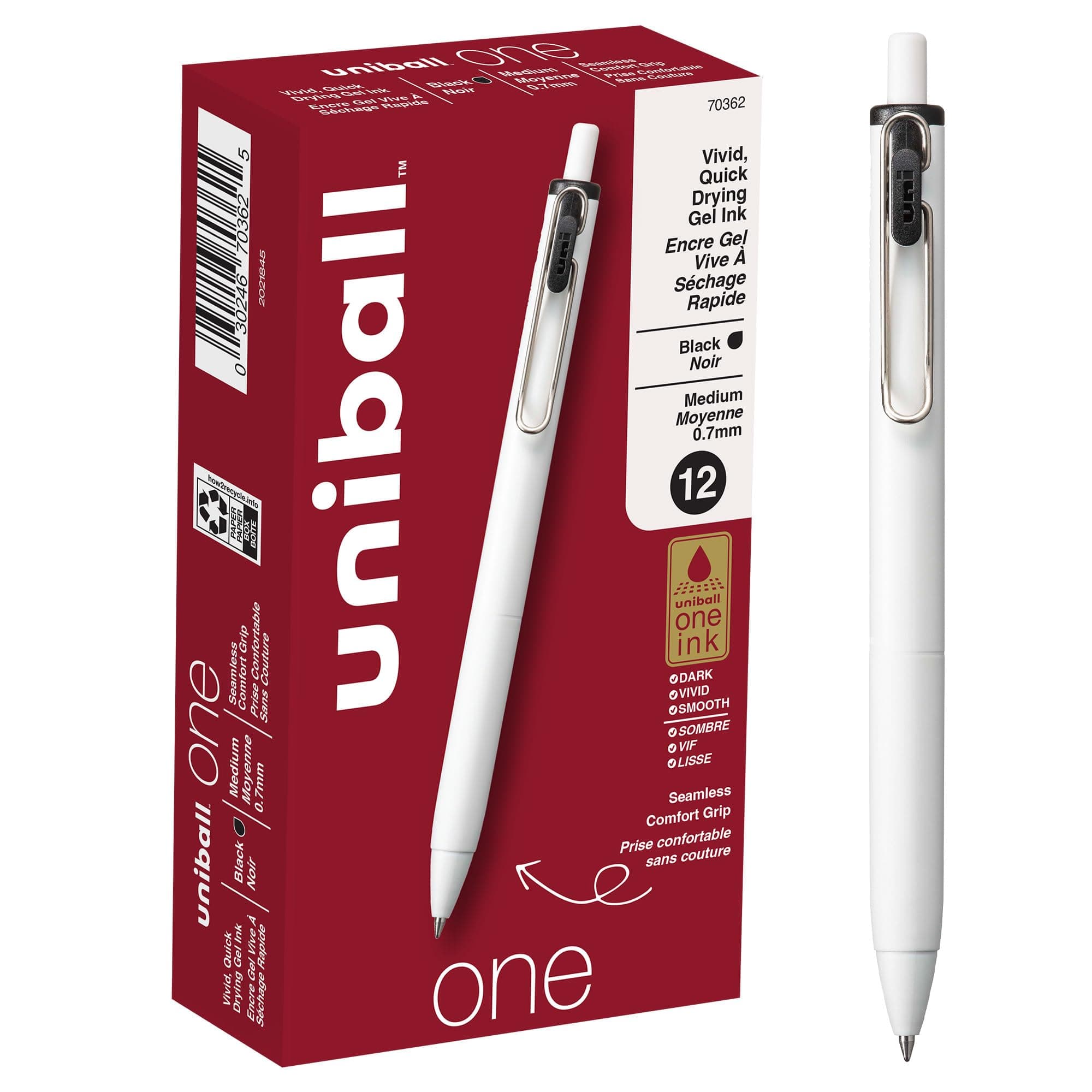 uni-ball One Retractable Gel Pens Medium Point, 0.7mm, Black, 12 Pack