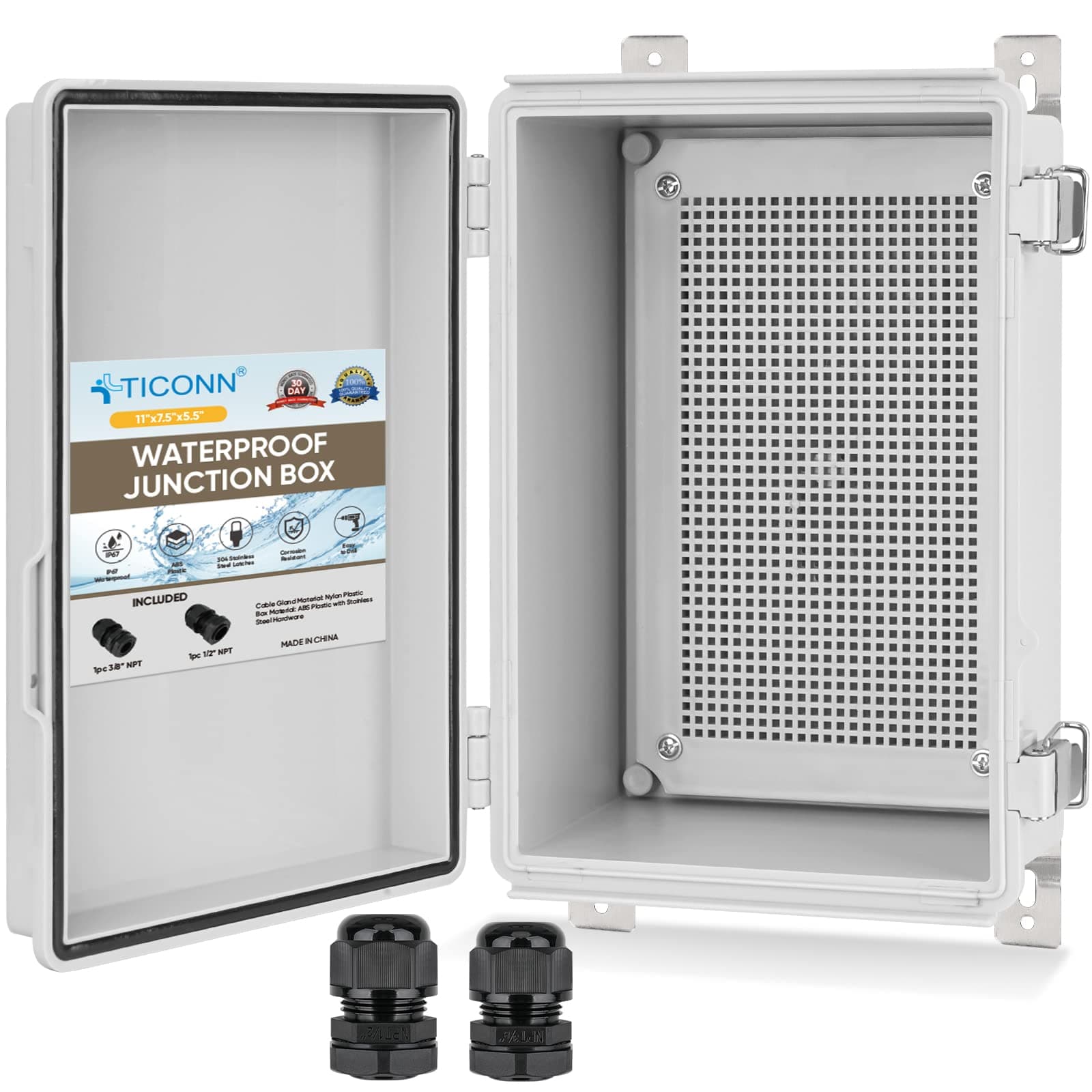 Outdoor Electrical Box Waterproof, Junction Box IP67 ABS Plastic Enclosure with Hinged Cover with Mounting Plate, Wall Brackets, Cable Glands (Off-White, 11"x7.5"x5.5")