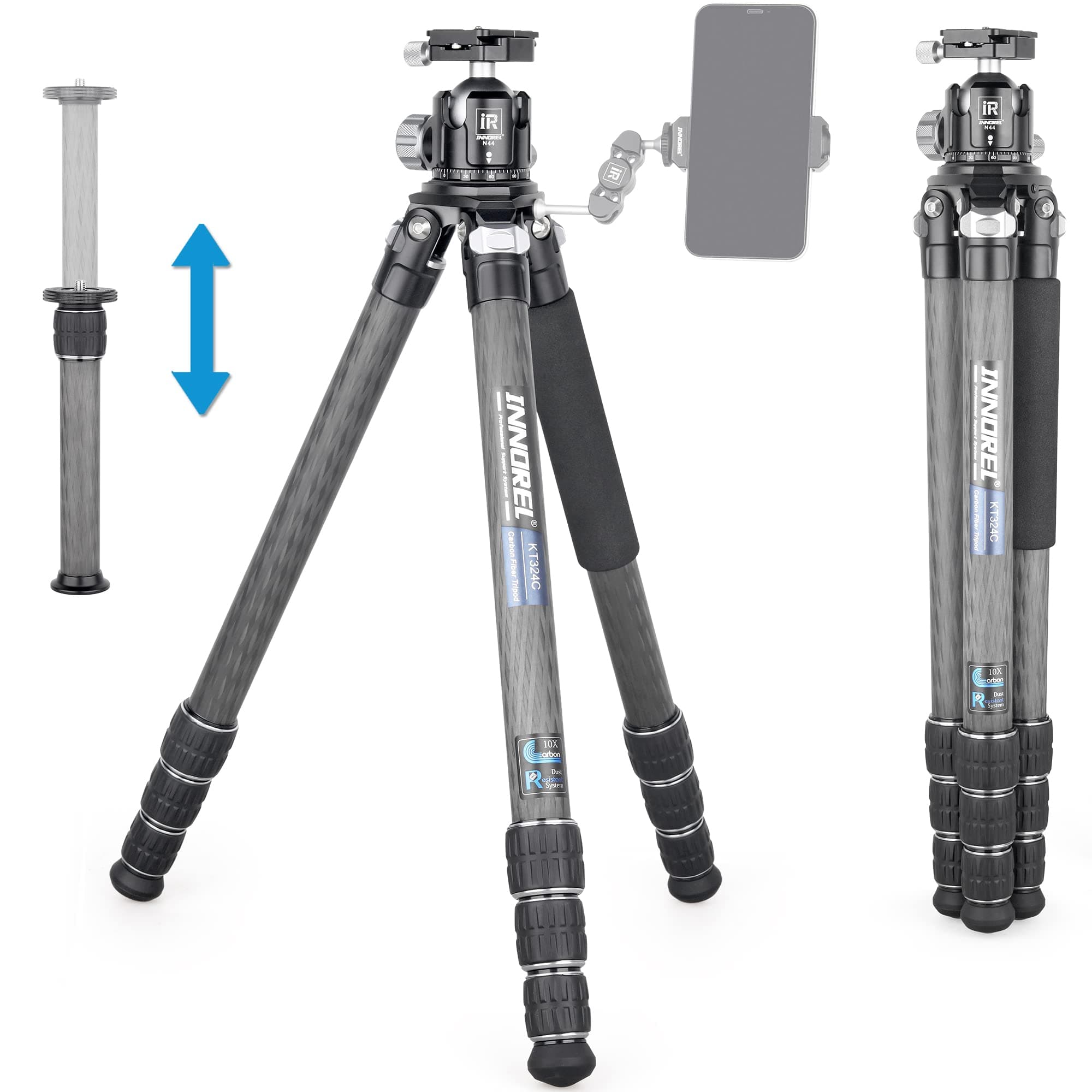 INNOREL Camera Tripod, Carbon, SLR Tripod, Max Load Capacity 25KG, 4-Section Extension, Working Height 18-189CM, Pipe Diameter 32.5/29/25.6/22.2MM, 360°, Video Camera, Digital Camera, DSLR, DV