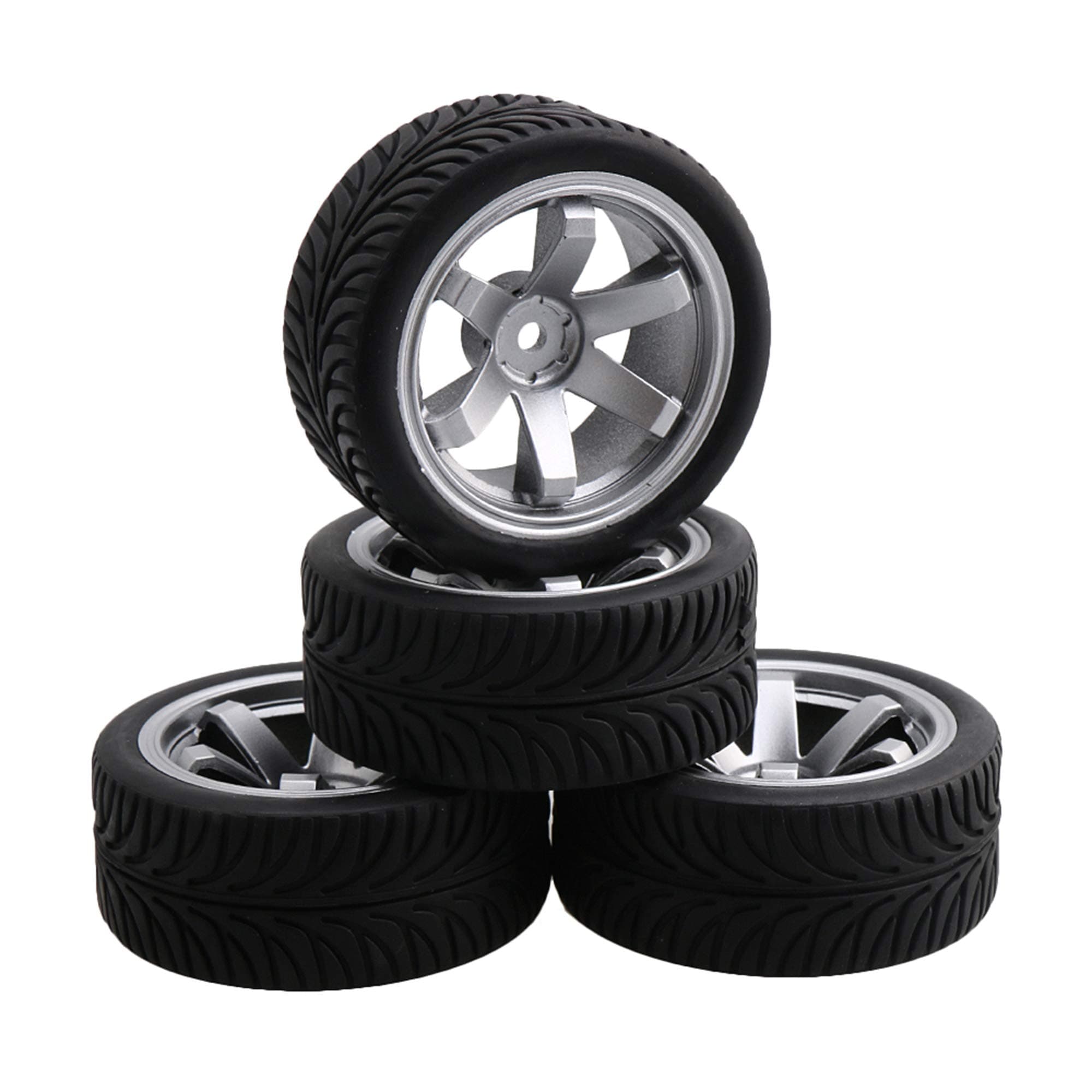 4PCS RC Wheat Pattern Tire&6 Spoke Wheel Rim replacement for RC1:10 On Road Car Silver
