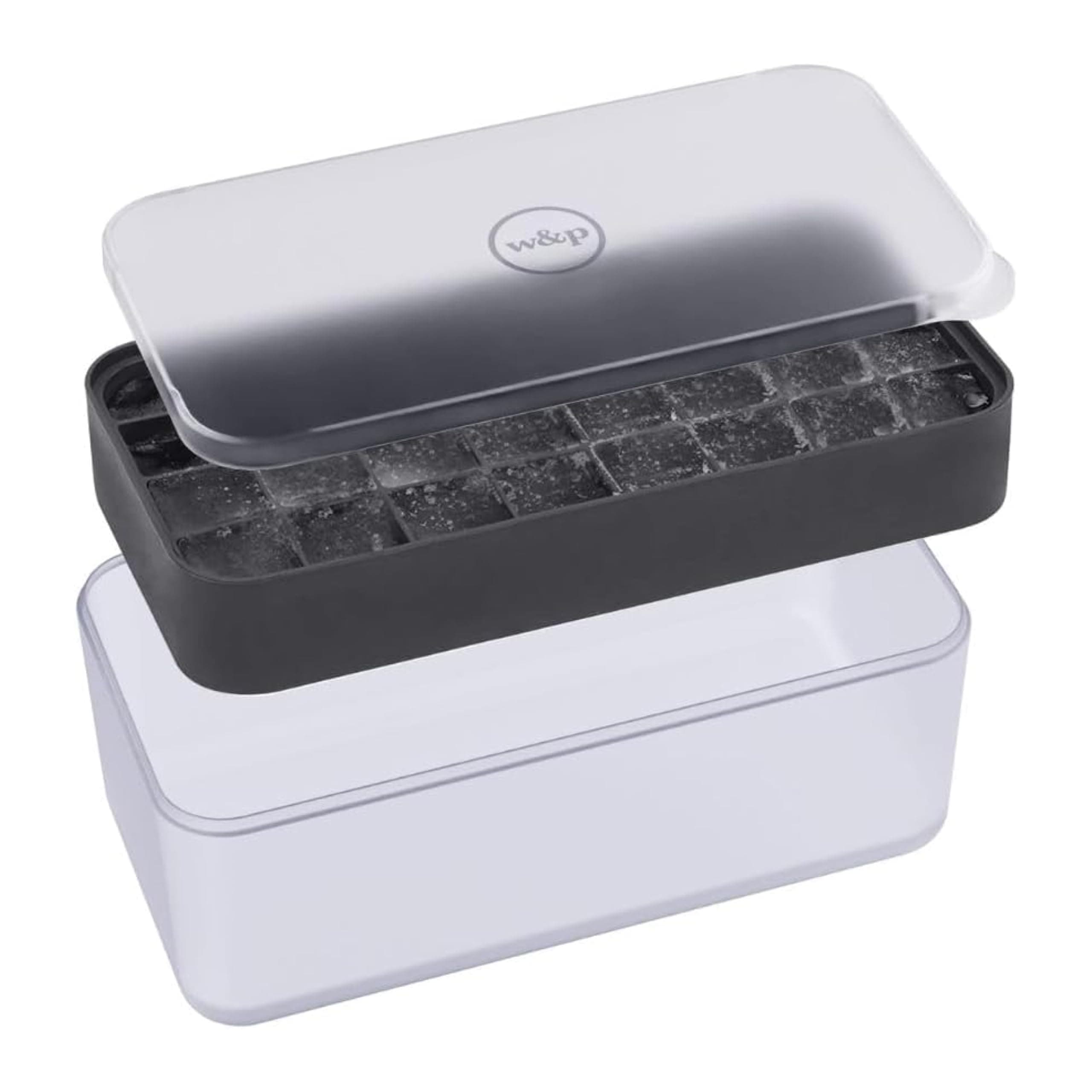 W&P Ice Box Silicone Ice Cube Tray with Lid & Bin, Holds 96 Cubes, Easy Release, Space-Saving Stackable Design, Dishwasher Safe, Charcoal