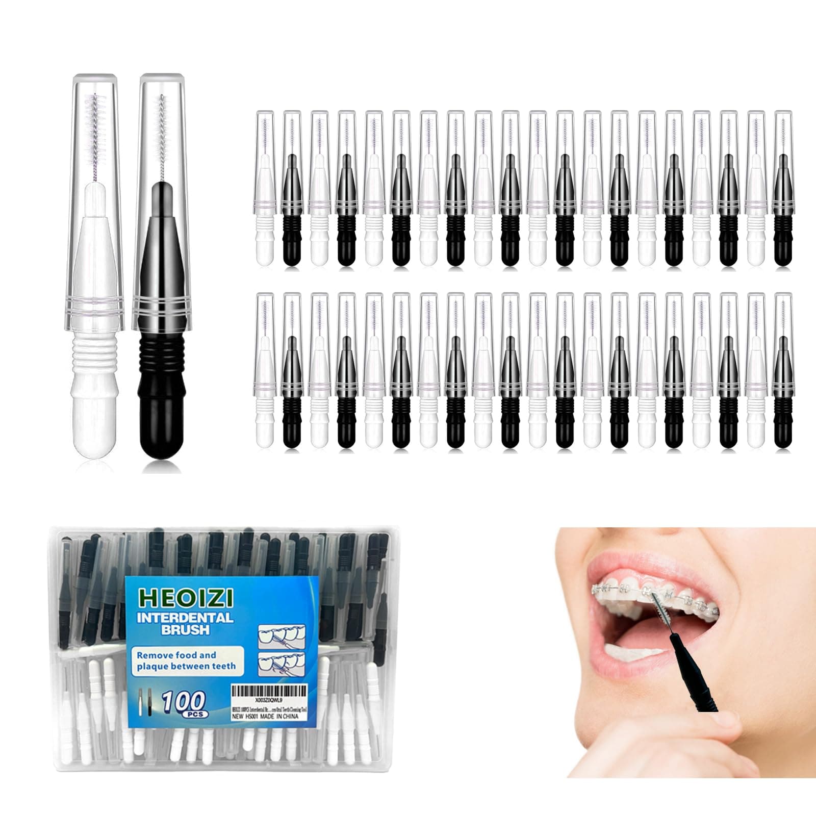 100PCS Interdental Brushes 2 Sizes, 360° Bendable Soft Bristles Braces Brush Dental Brushes Between Teeth Gum Interdental Brushes for Gum Braces Oral Teeth Cleaning Tool