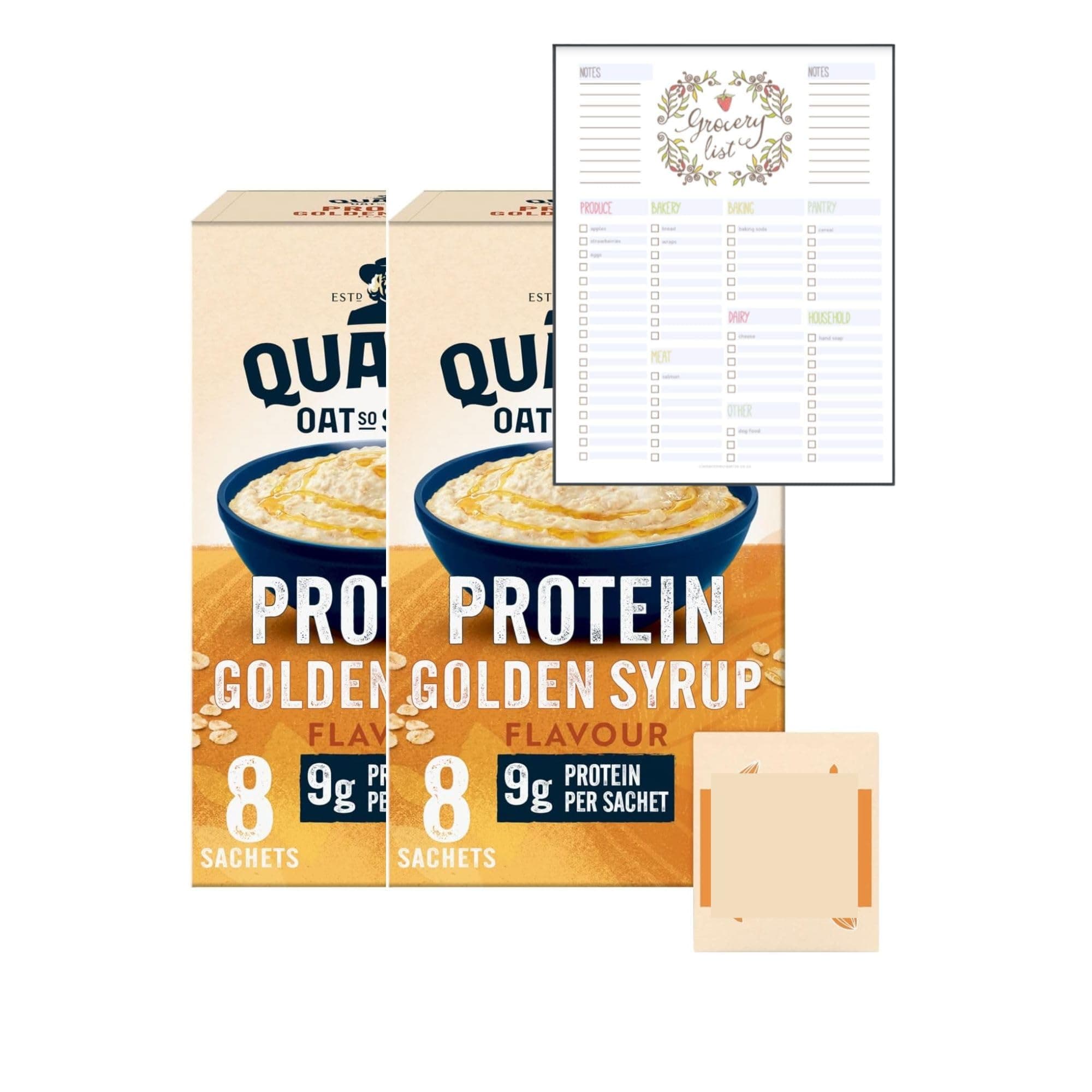 Oat Porridge Bundle which Contains Protein Oat So Simple Golden Syrup Porridge Sachets 8x43g - Pack of 2 with Grocery List Card