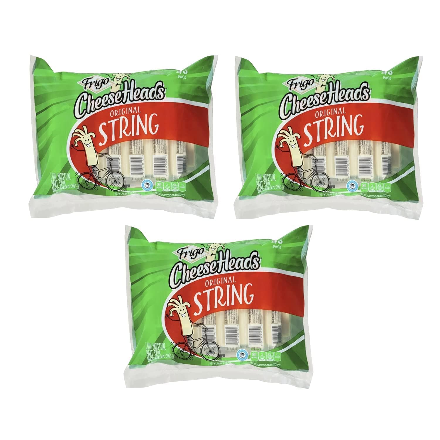 Cheese Heads String Cheese, Low-moisture part-skim mozzarella cheese Sticks 3 Pack (1 oz, 48 ct each, 144 Total)