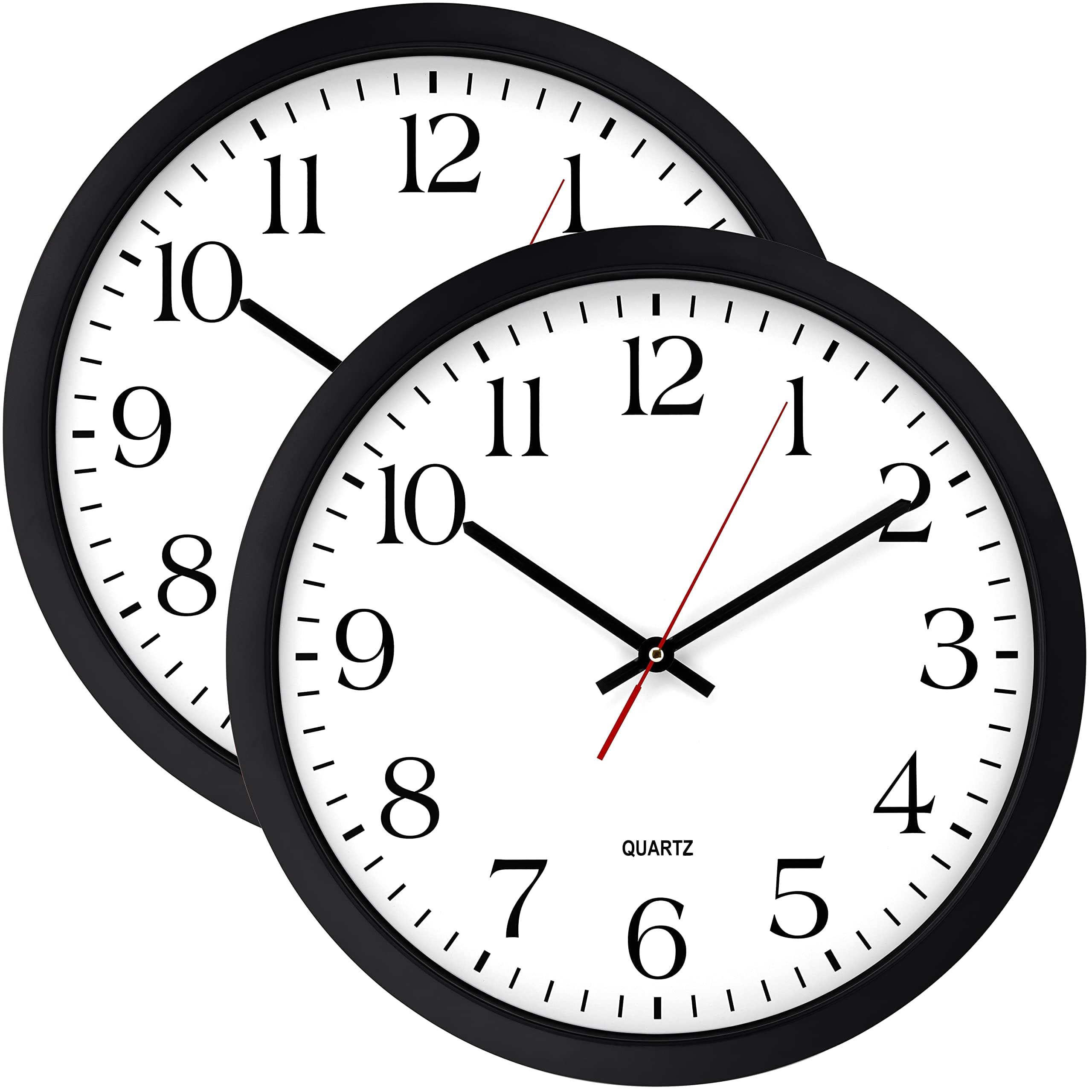 Black Wall Clock 2 Pack, Silent Non Ticking - 16 Inch Extra Large Quality Quartz Battery Operated Round Easy to Read Home/Office/Business/Kitchen/Classroom/School Clocks