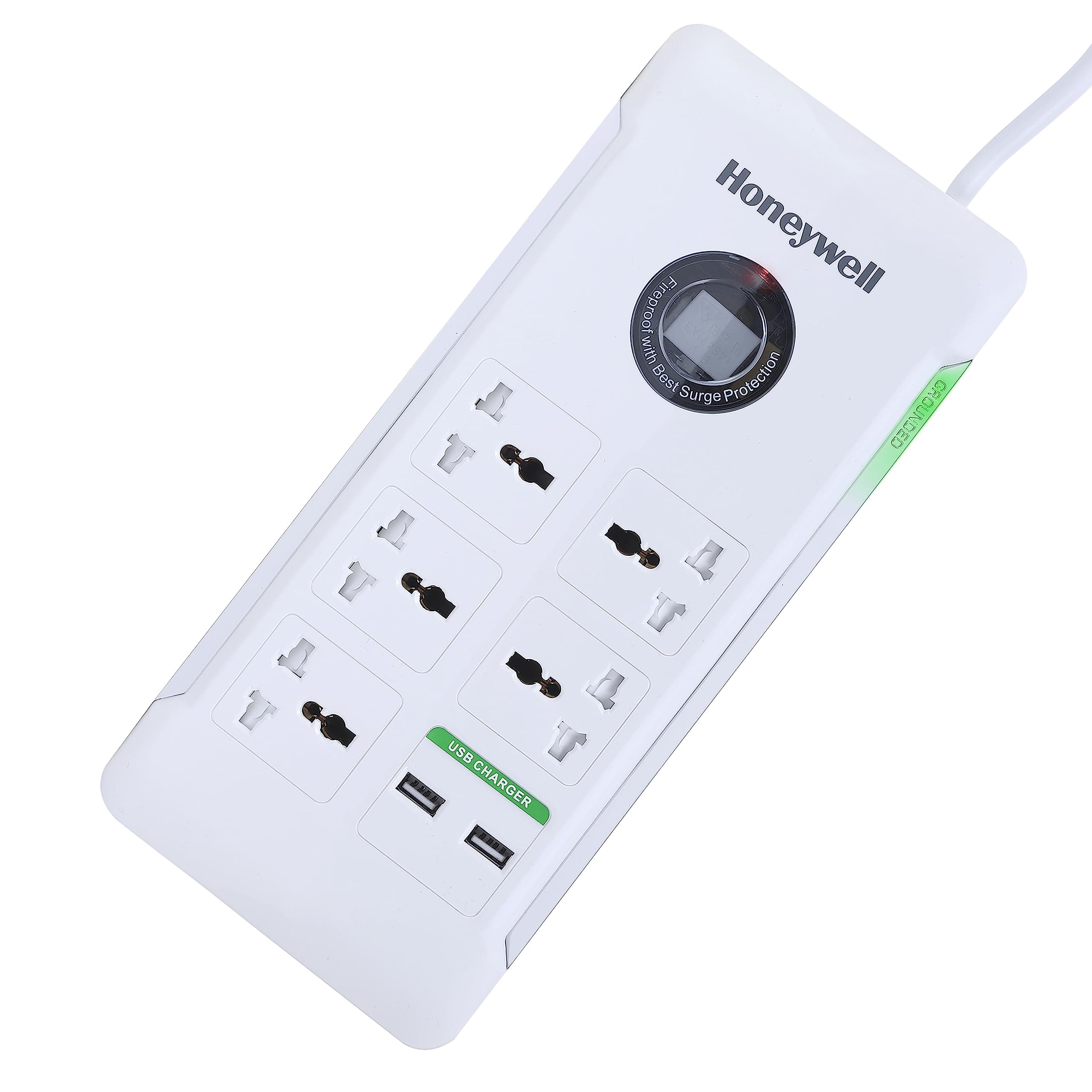 Honeywell Surge Protector/Spike Guard/Extension Board, Master Switch, 5 Universal Sockets, 2USB Ports, 36000Amp, 1.5 Mtr Cord, Device Secure Warranty, X3 Fireproof MOV tech, 3Yr Manufacturer Warranty