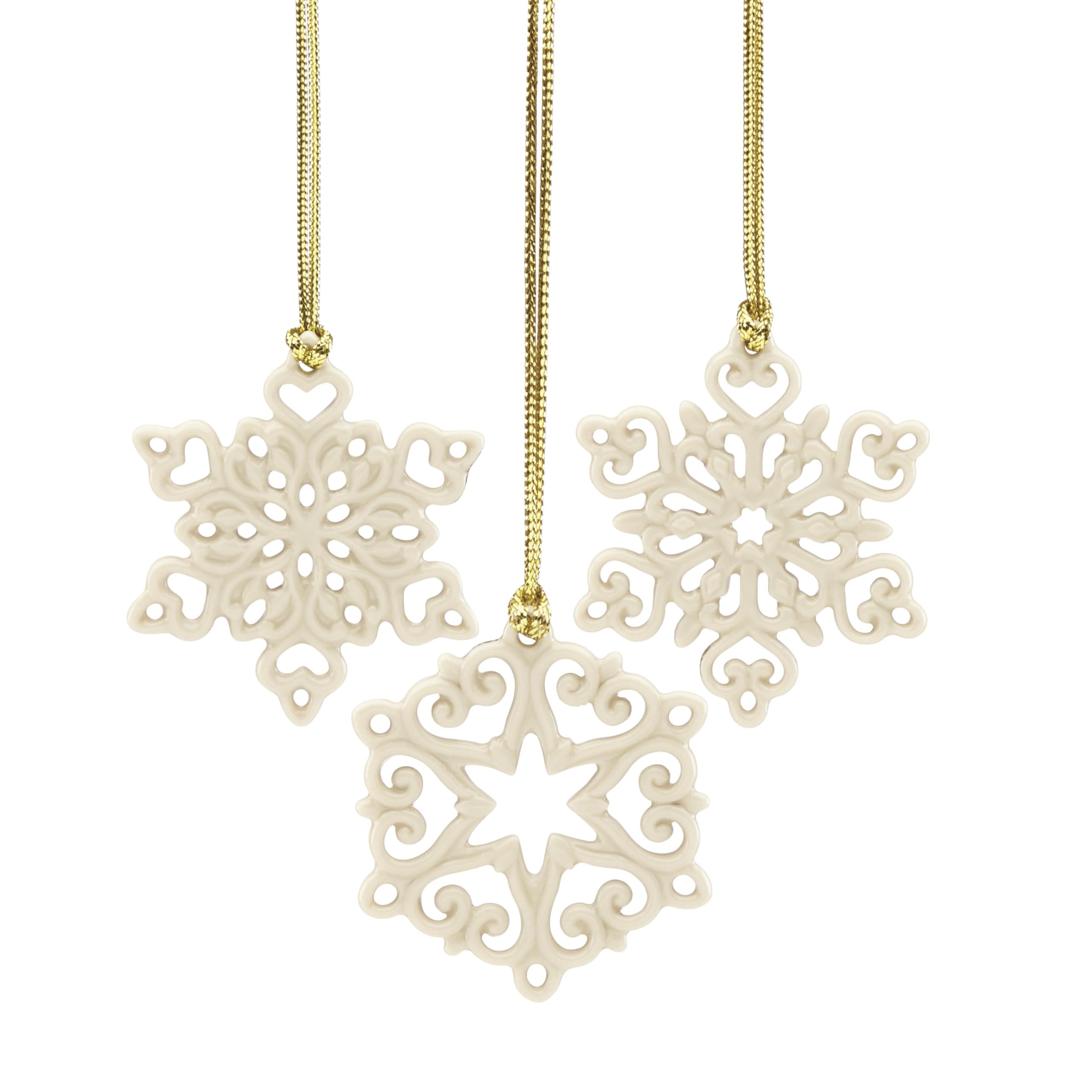 Ornament, Mini Snowflake 3-Piece Tree Ornament Set, Set Of 3, Porcelain Material, Gold Hanging Cord, Tree Decoration, Christmas Decorations, Christmas Ornaments, Snowflake Design (3 Pieces)